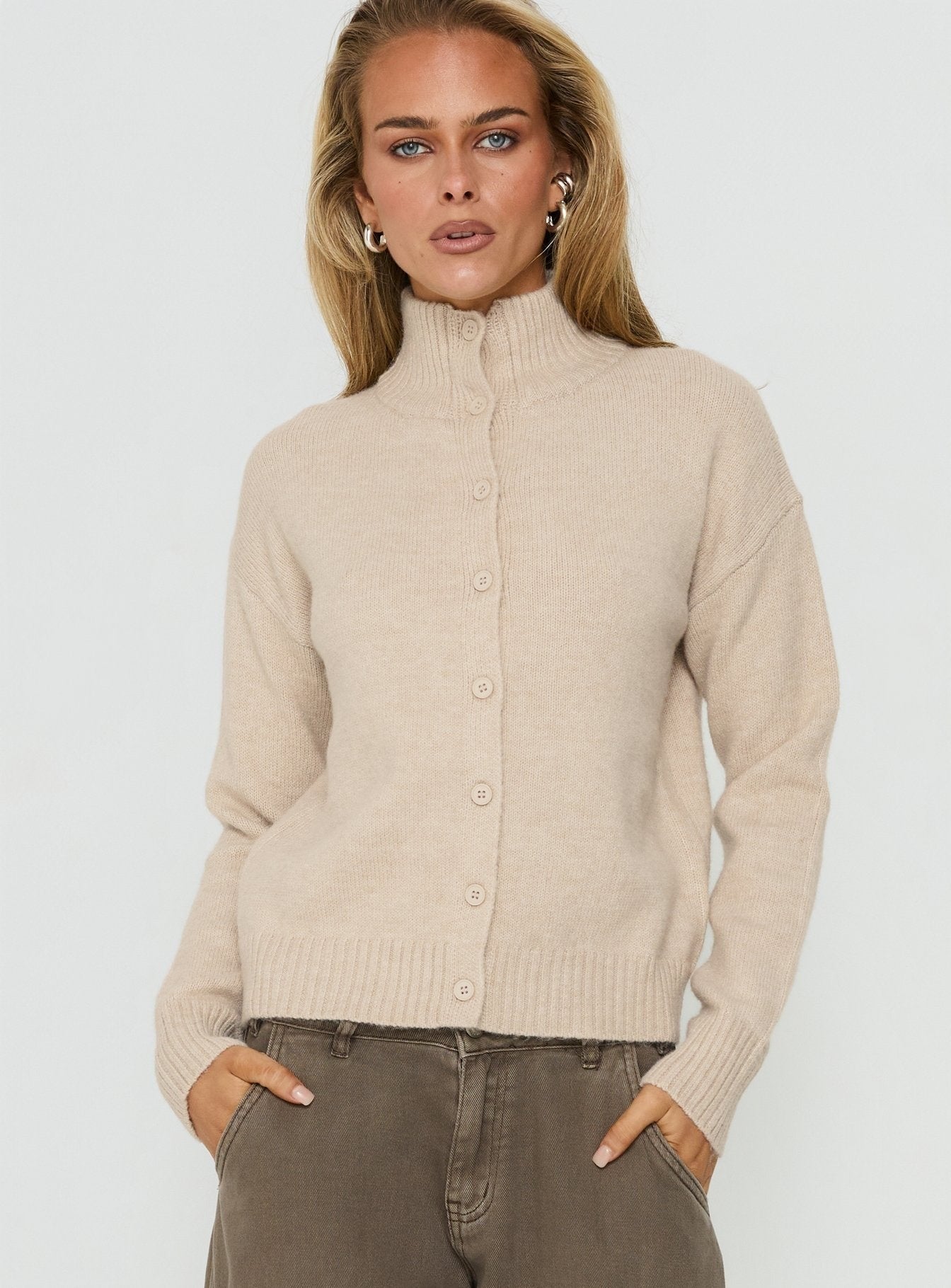 Klaura Funnel Neck Cardigan Oat