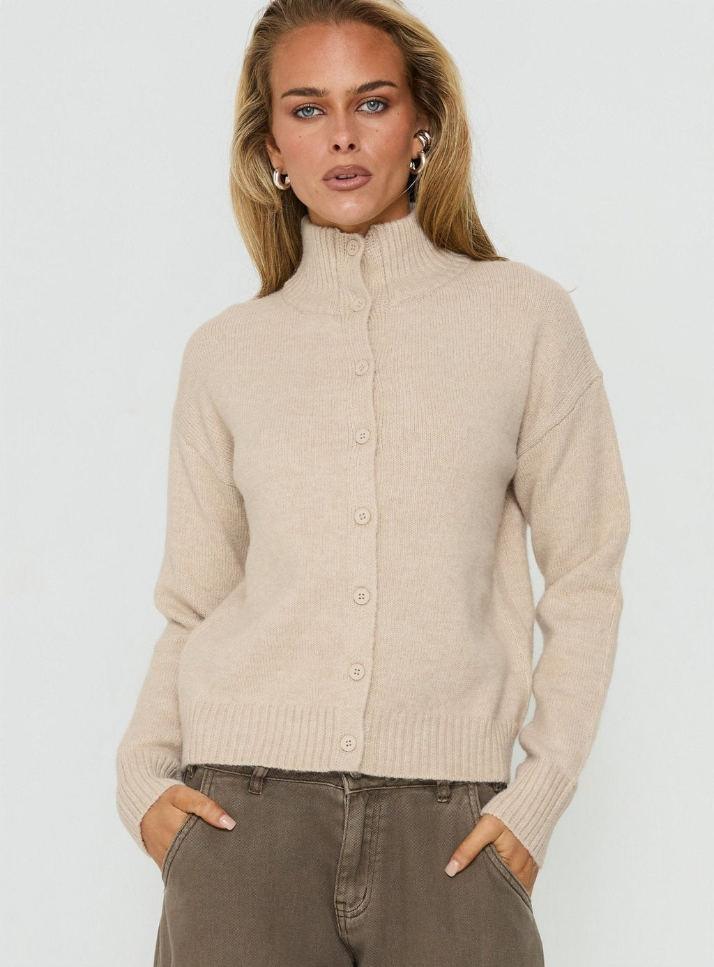 Klaura Funnel Neck Cardigan Oat