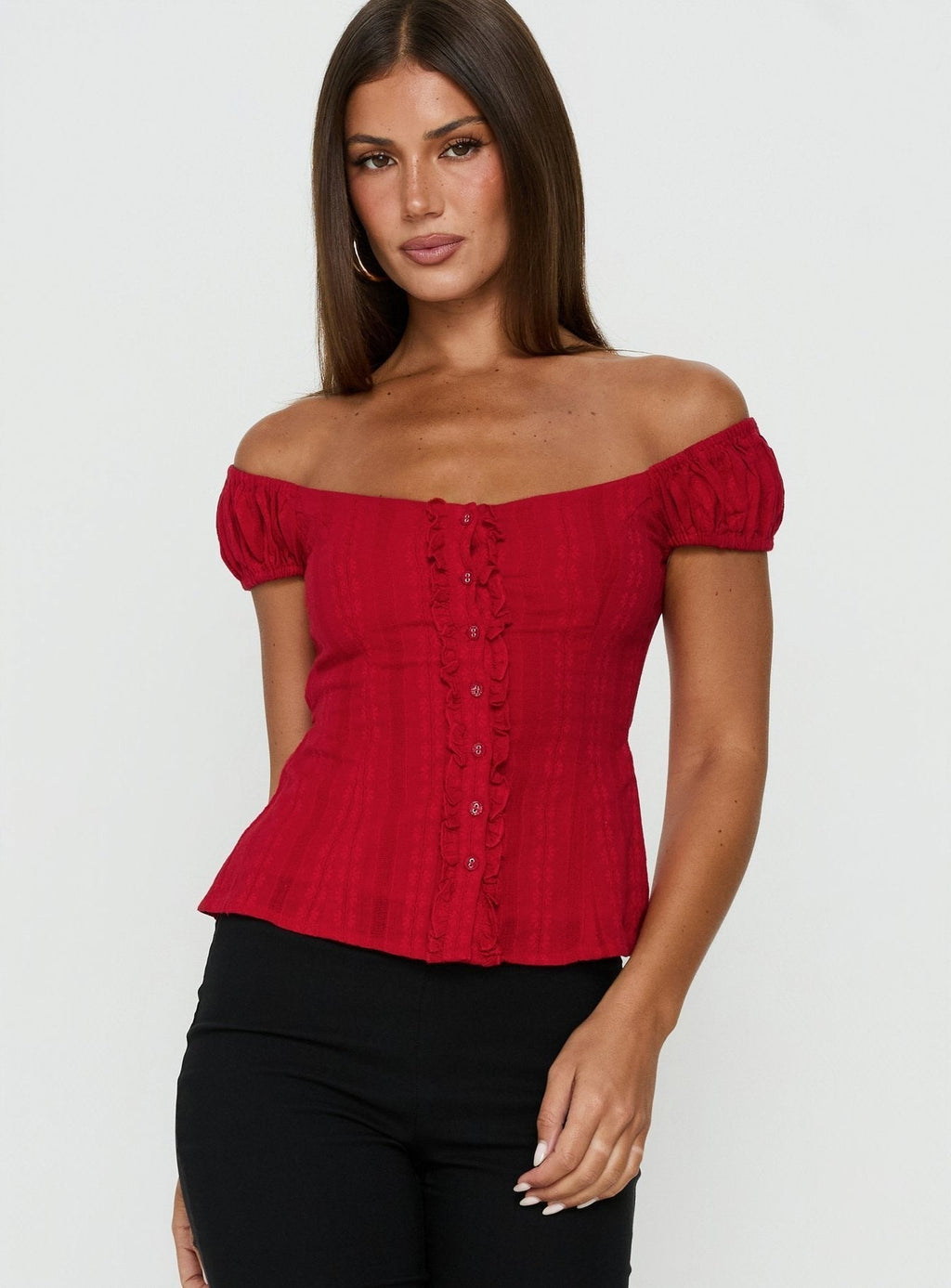 Gysella Off Shoulder Woven Top Red