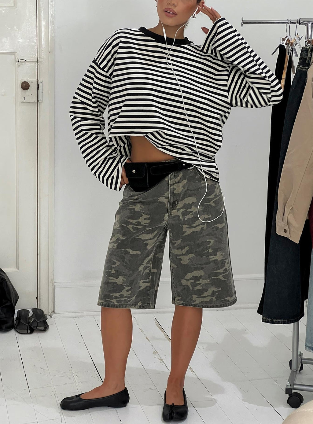 Tag Longline Denim Jorts Washed Camo