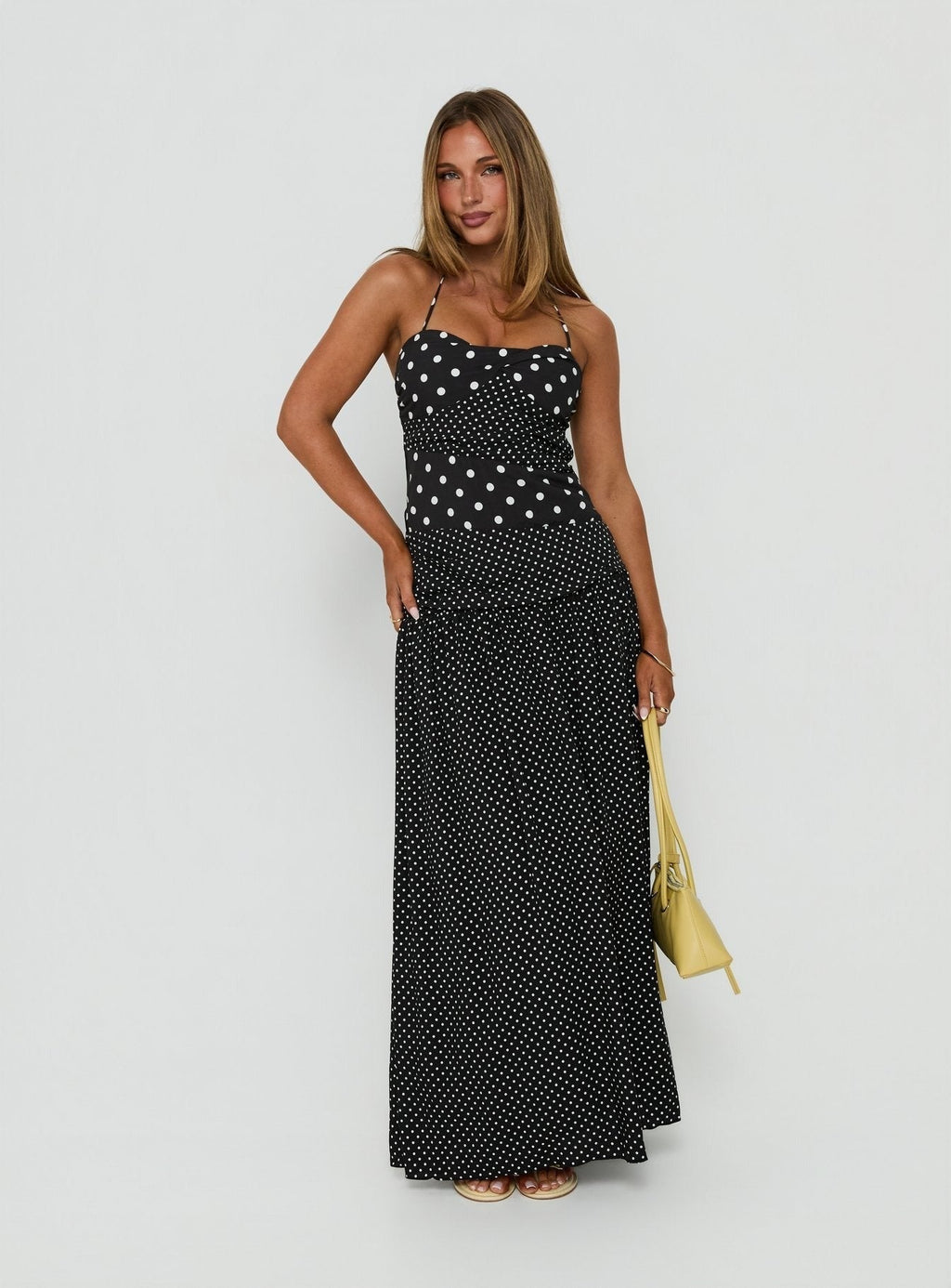 Marguerite Halter Maxi Dress Black / White Polka Dot