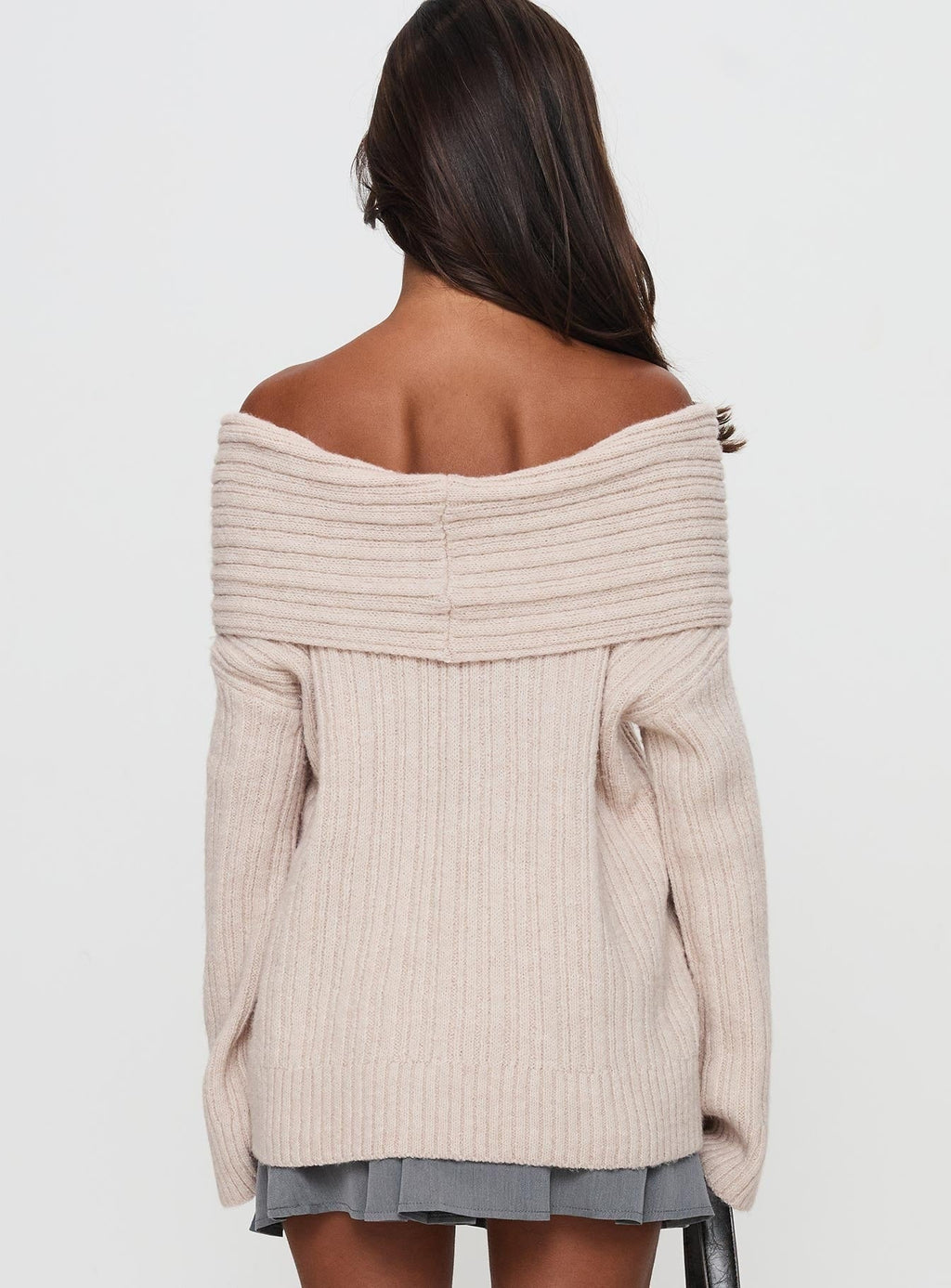 Mirrelle Off Shoulder Knit Sweater Beige