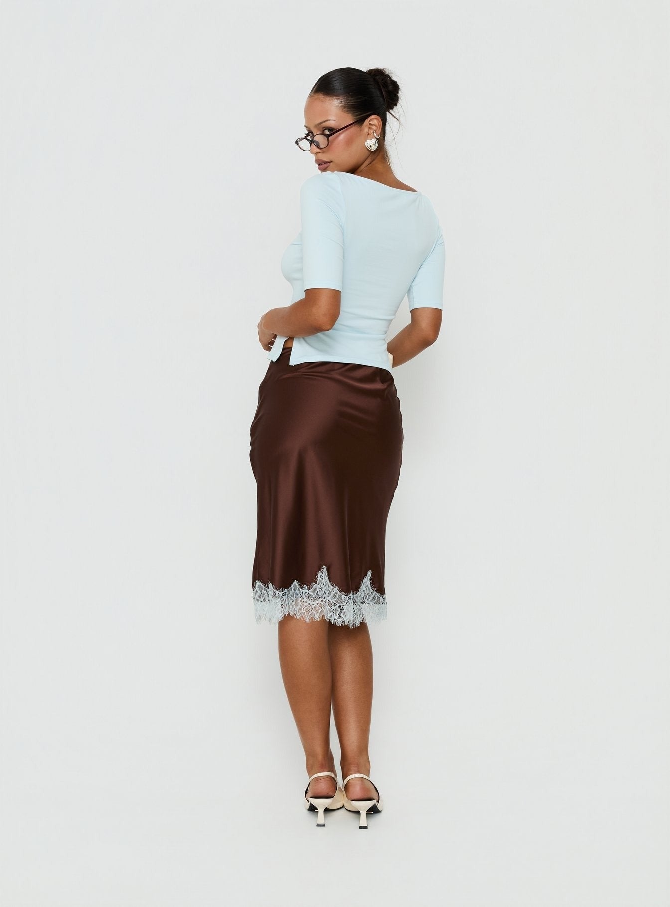 Miriza Lace Trim Midi Skirt Chocolate / Blue