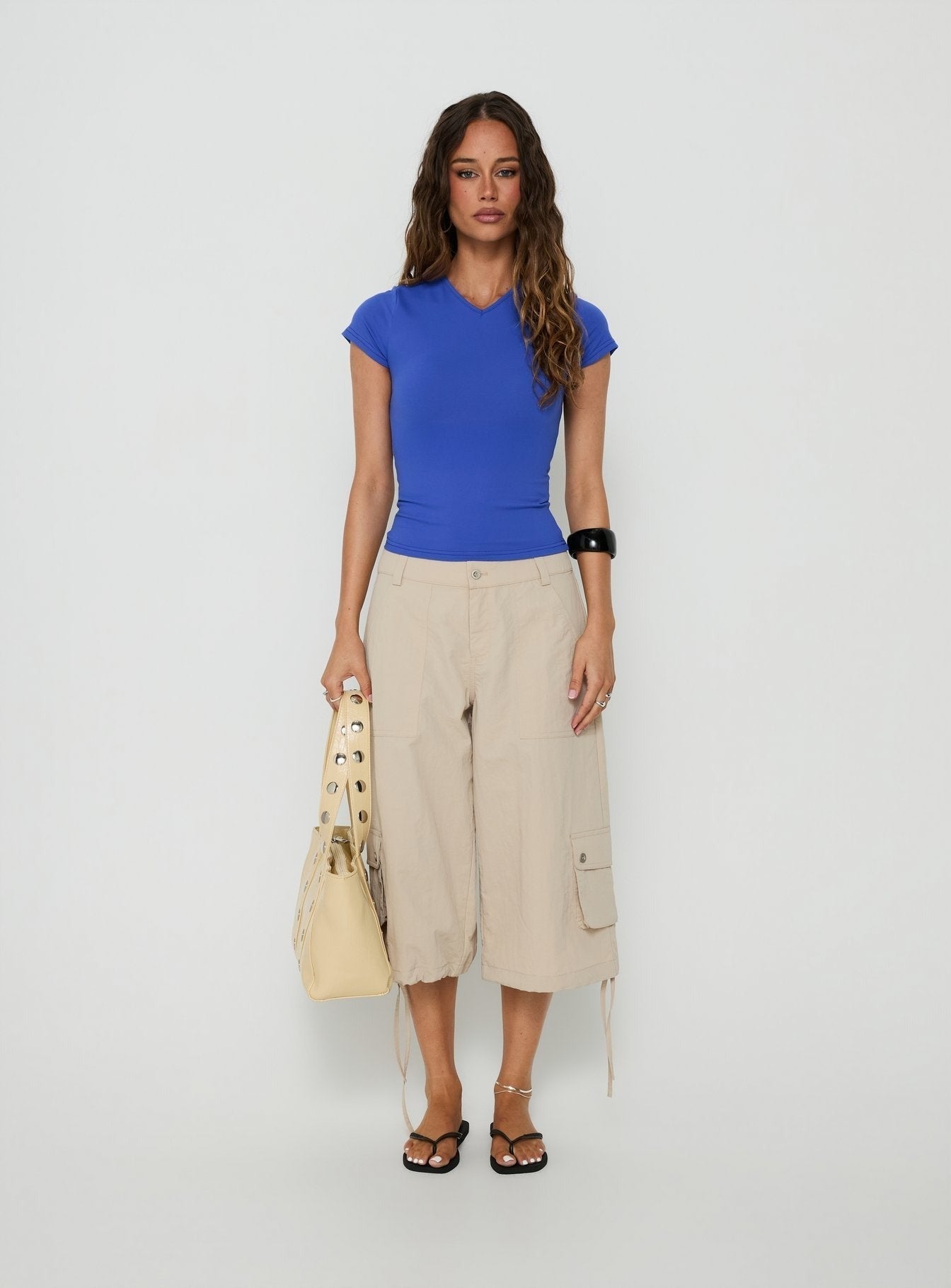 Daily Define High V Neck Short Sleeve Top Blue
