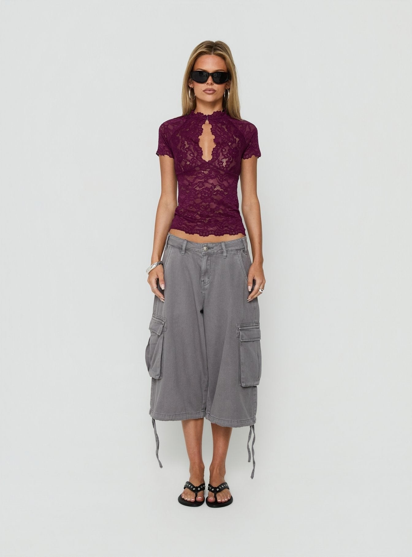 Quinbie Lace Short Sleeve Top Plum