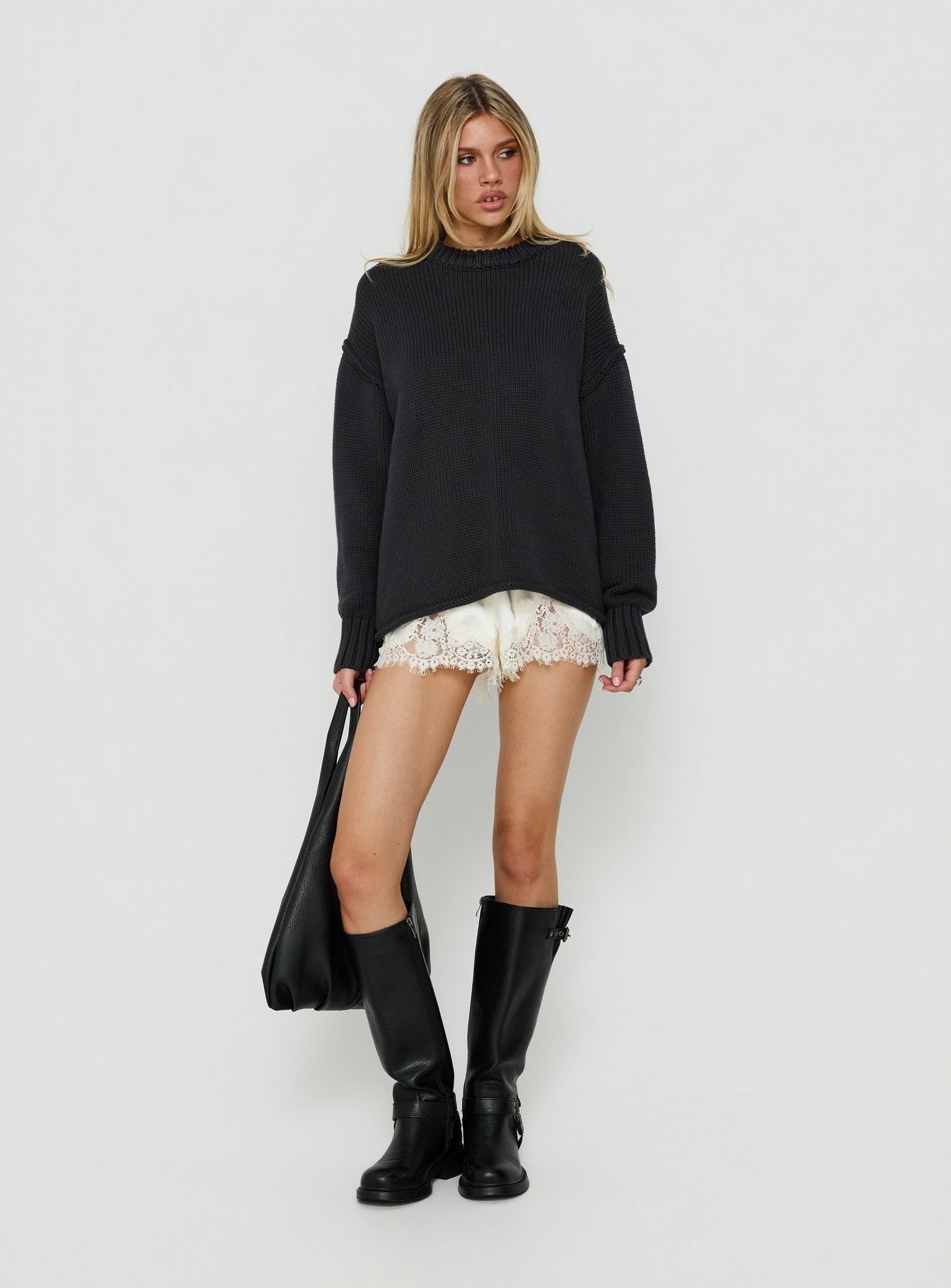 Wilda Crew Neck Knit Sweater Charcoal