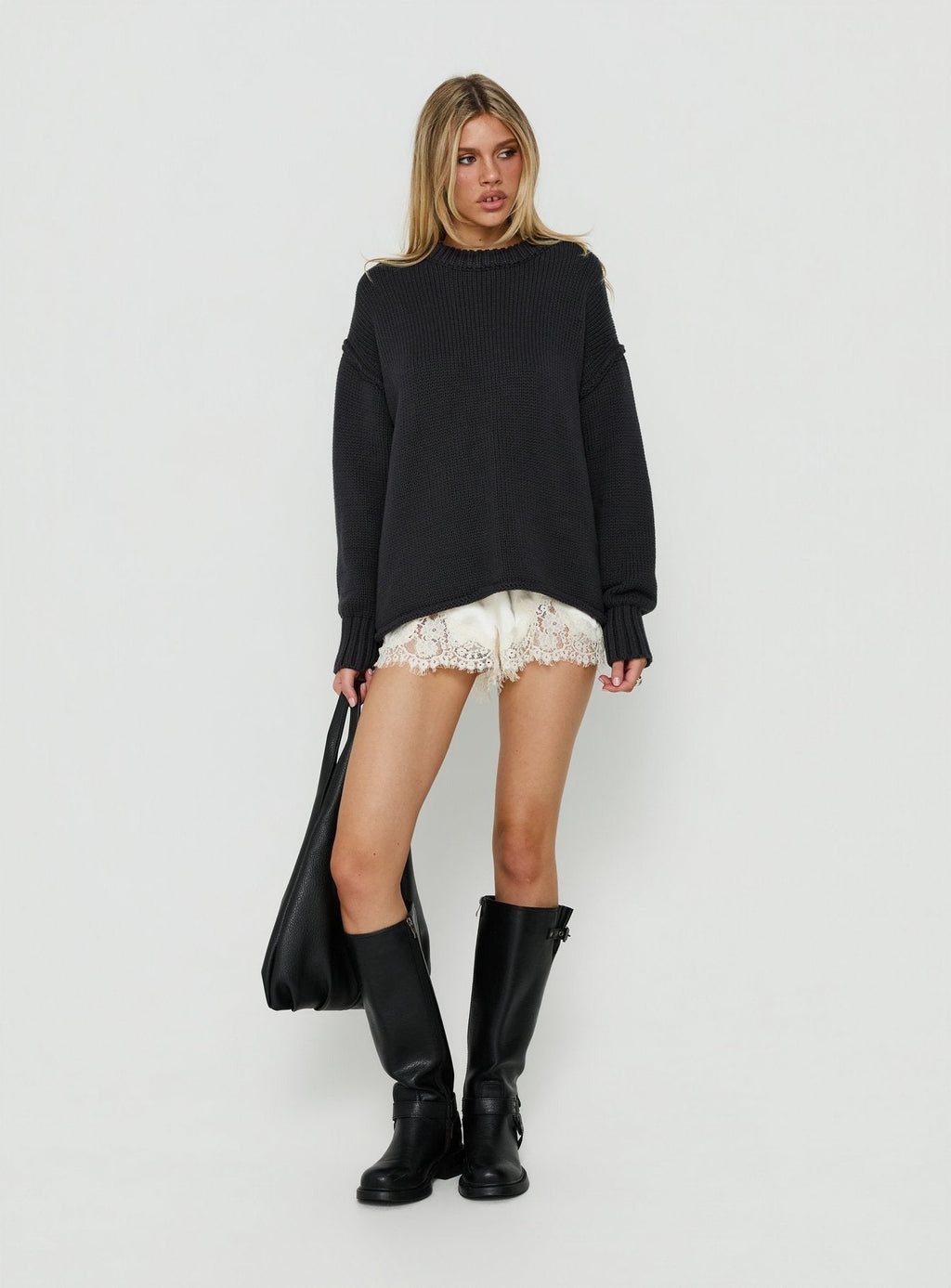 Wilda Crew Neck Knit Sweater Charcoal
