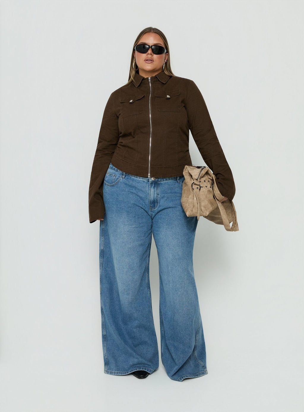 Kelehan Long Sleeve Zip Front Jacket Stonewashed Brown Curve