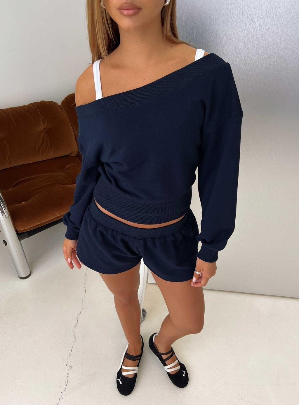 Kohdie Off Shoulder Fleece Jumper Navy