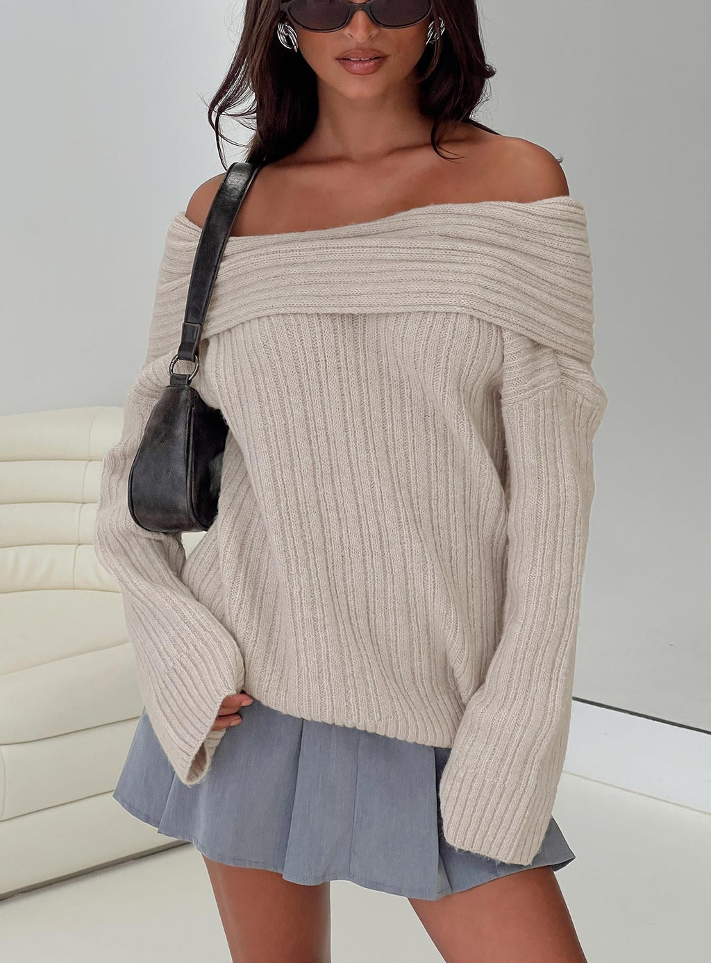 Mirrelle Off Shoulder Knit Sweater Beige