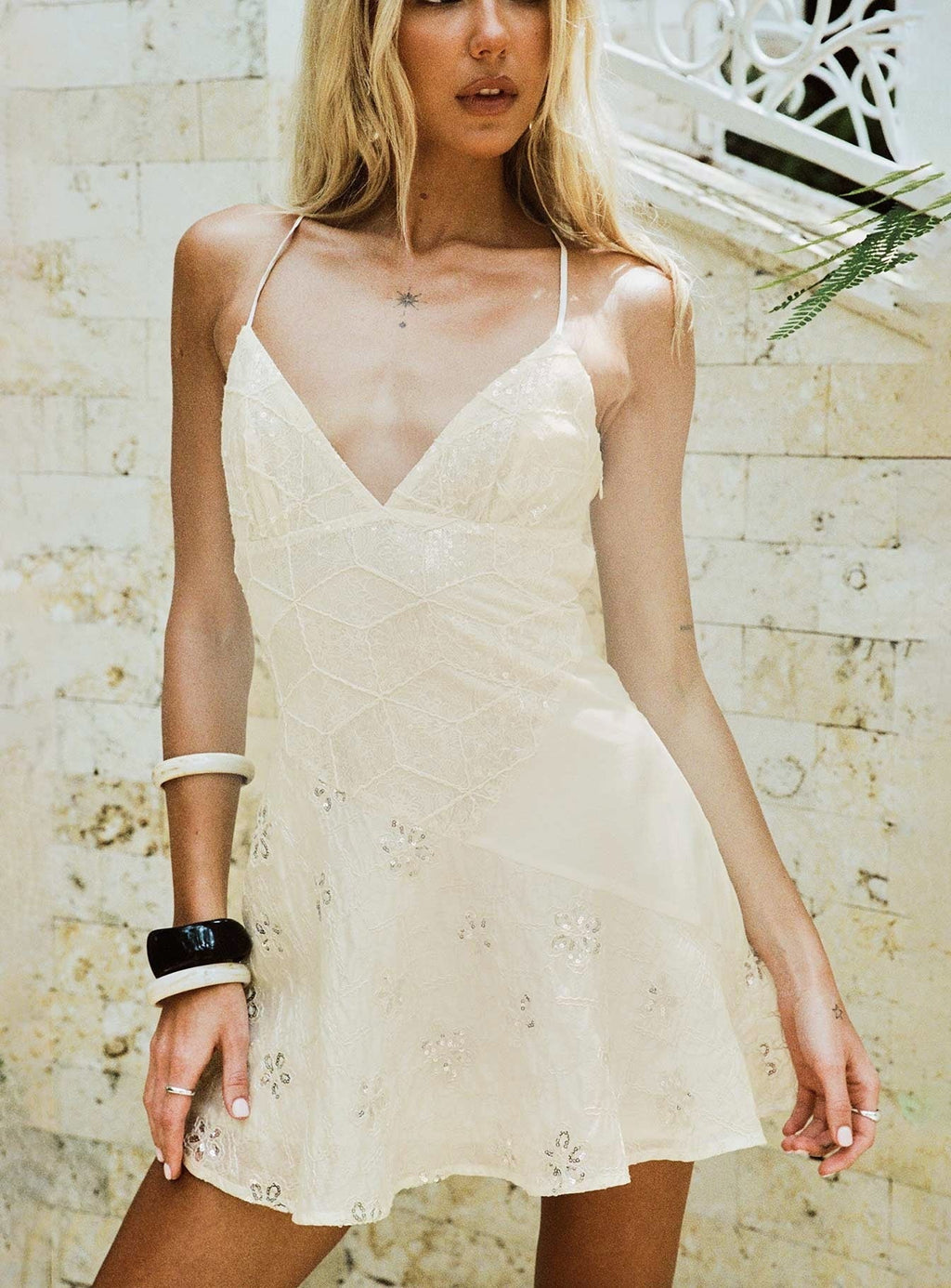 Odelinda Patchwork V Neck Mini Dress Cream Sequin