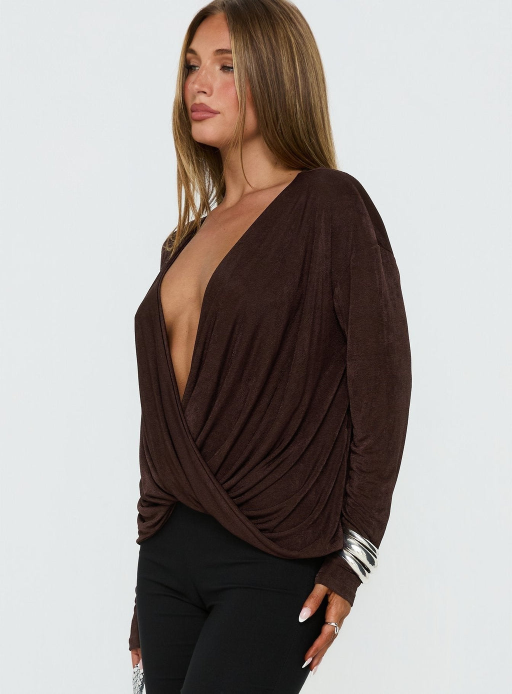 Tit For Tat Long Sleeve Draped Top Chocolate