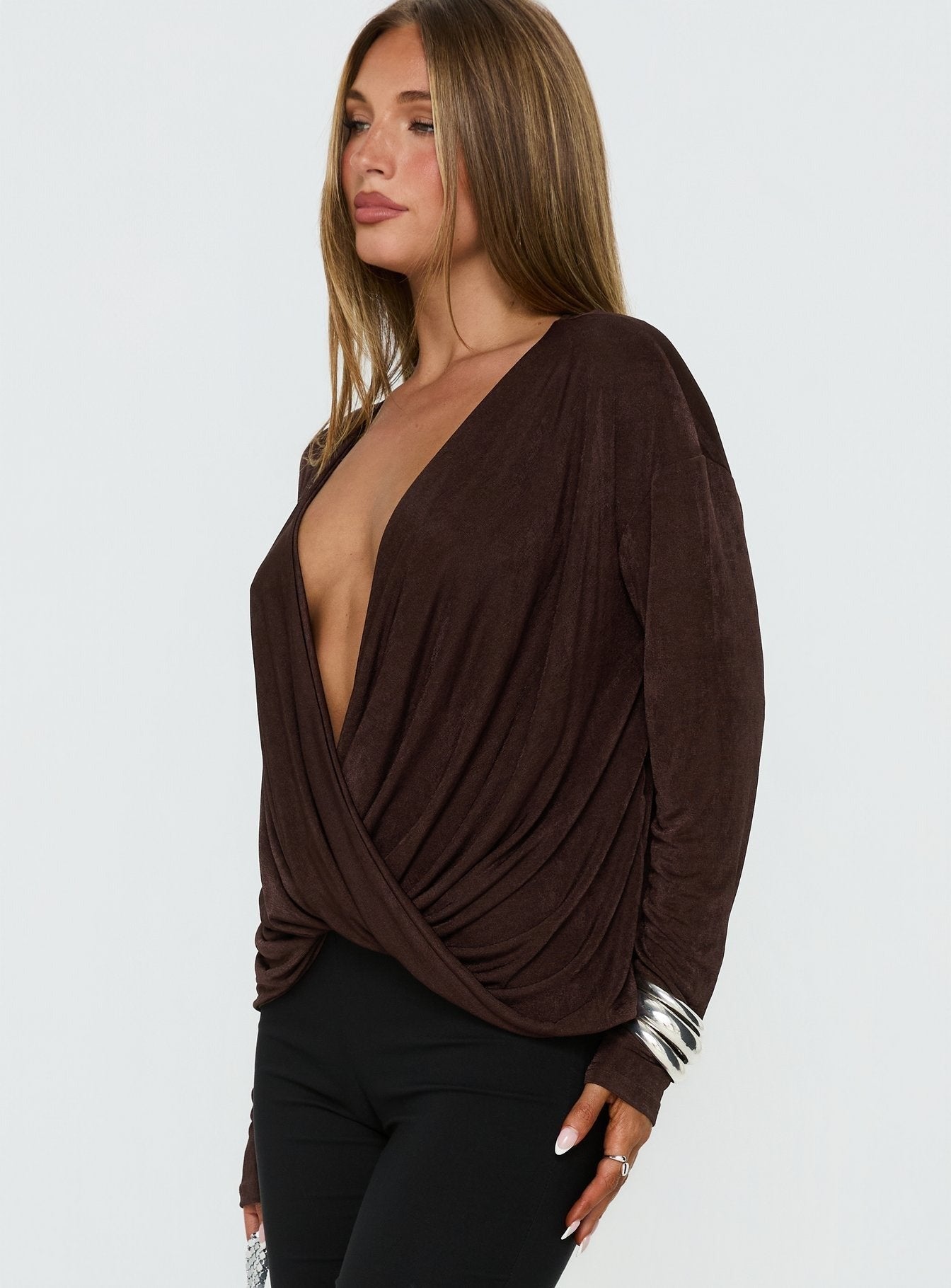 Tit For Tat Long Sleeve Draped Top Chocolate