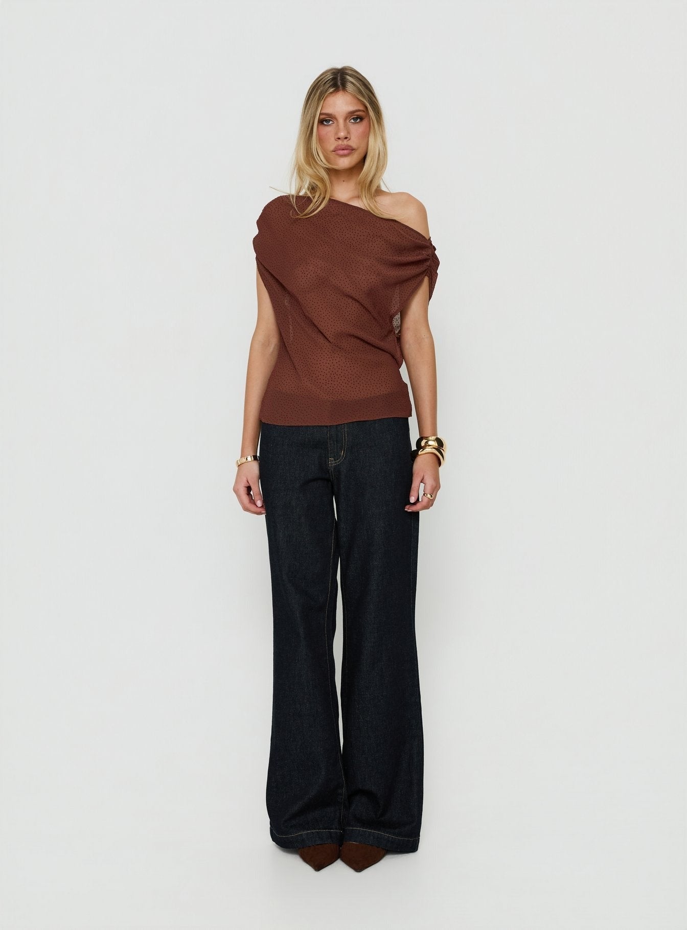 Orya Sheer Drape Off Shoulder Top Brown