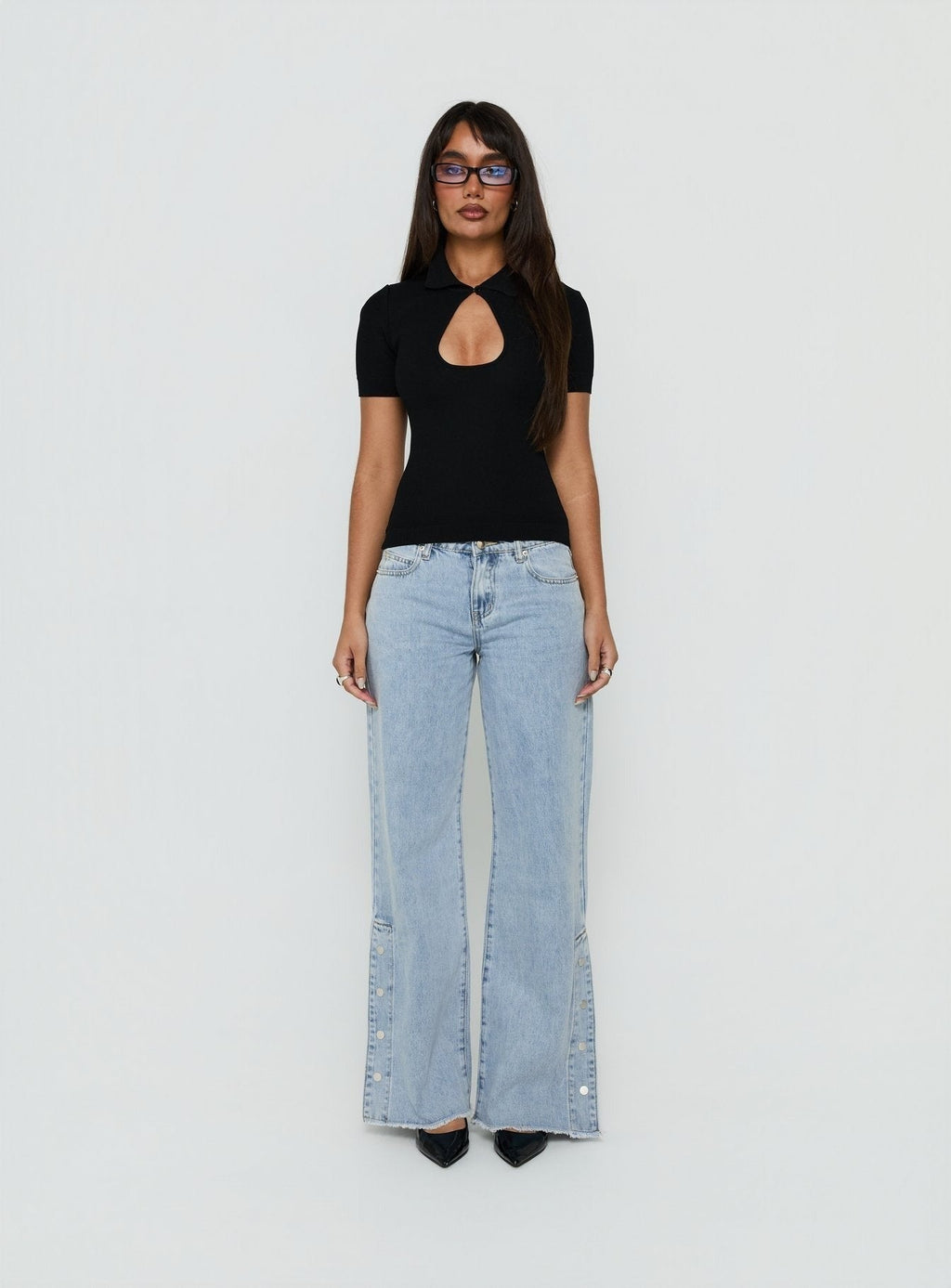 Dakoba Button Detail Mid Rise Straight Leg Jean Light Blue Wash