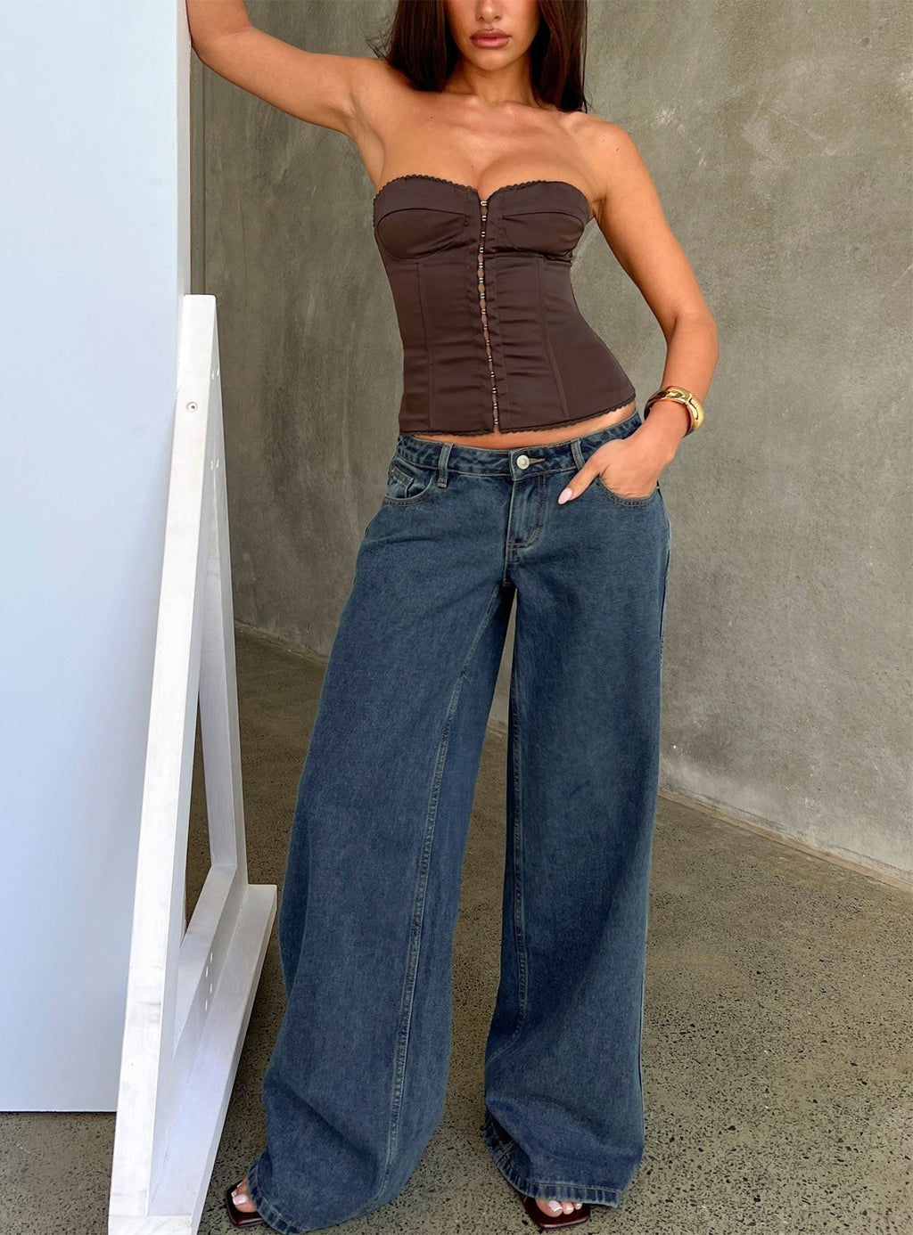Picco Ultra Low Rise Wide Leg Jeans Dark Blue Wash