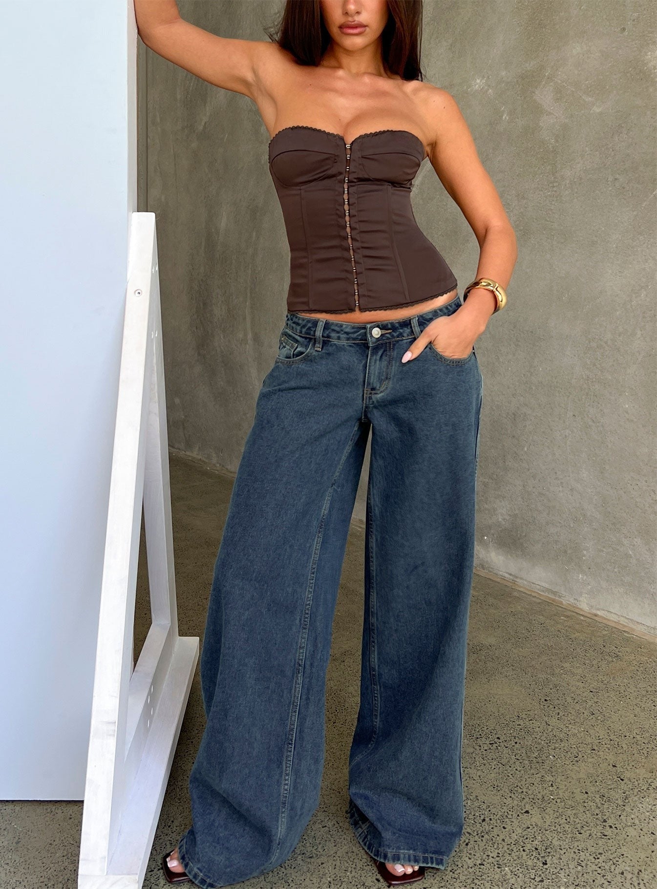 Picco Ultra Low Rise Wide Leg Jeans Dark Blue Wash