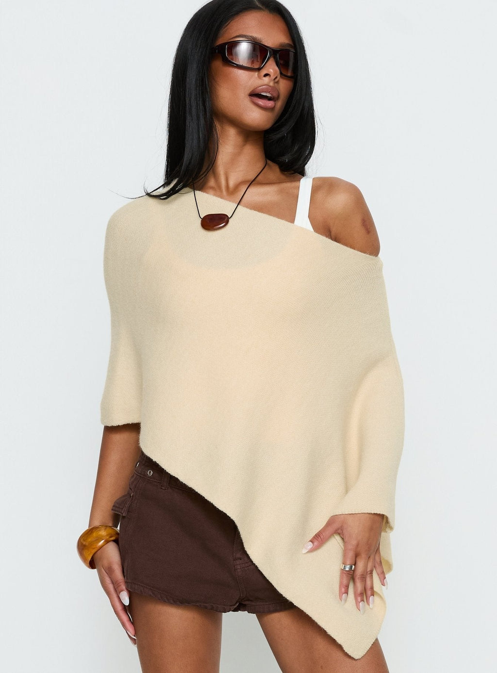 Rouse Off Shoulder Heavy Knit Poncho Cream