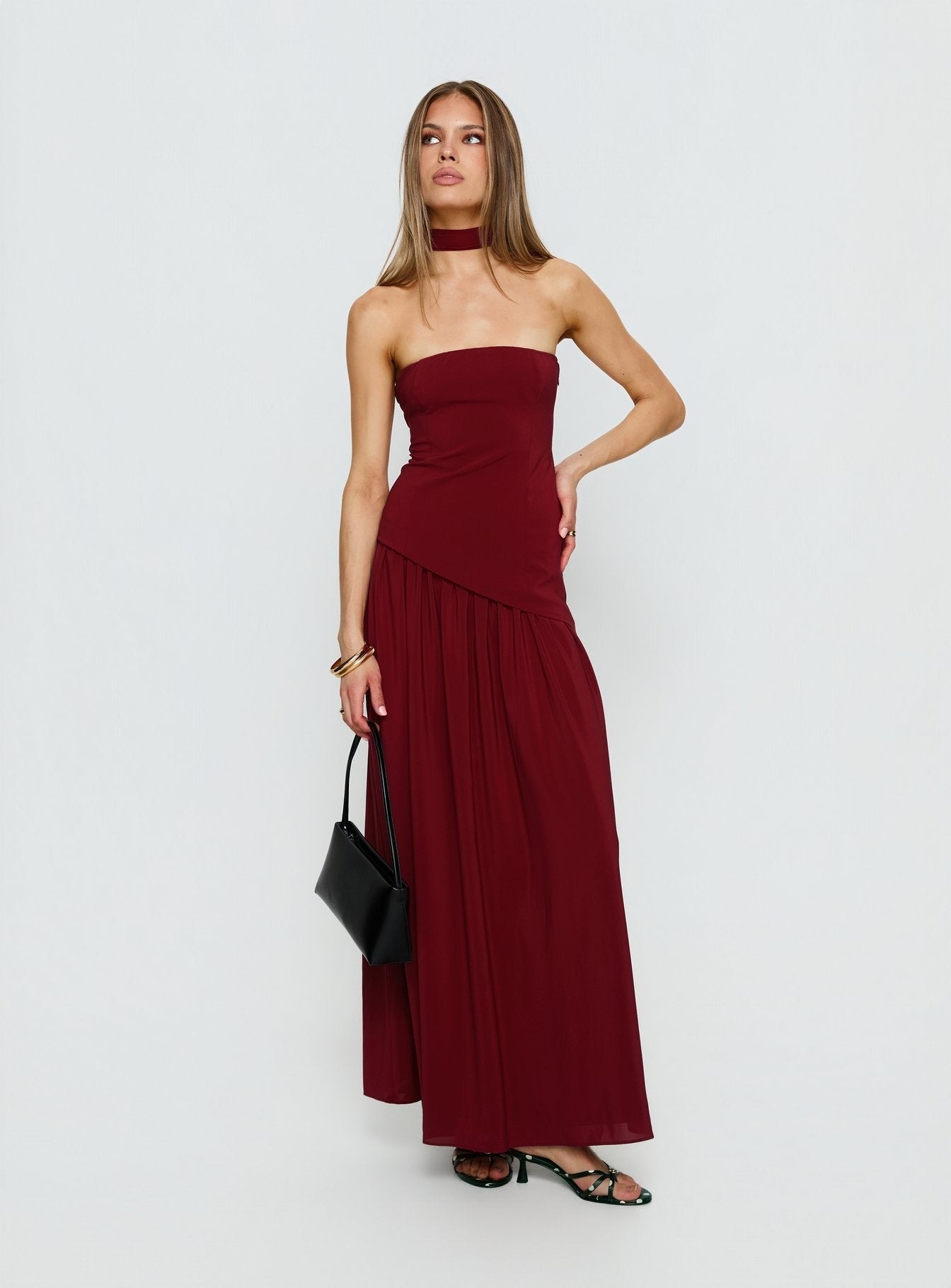 Odela Strapless Scarf Drop Waist Maxi Dress Cherry