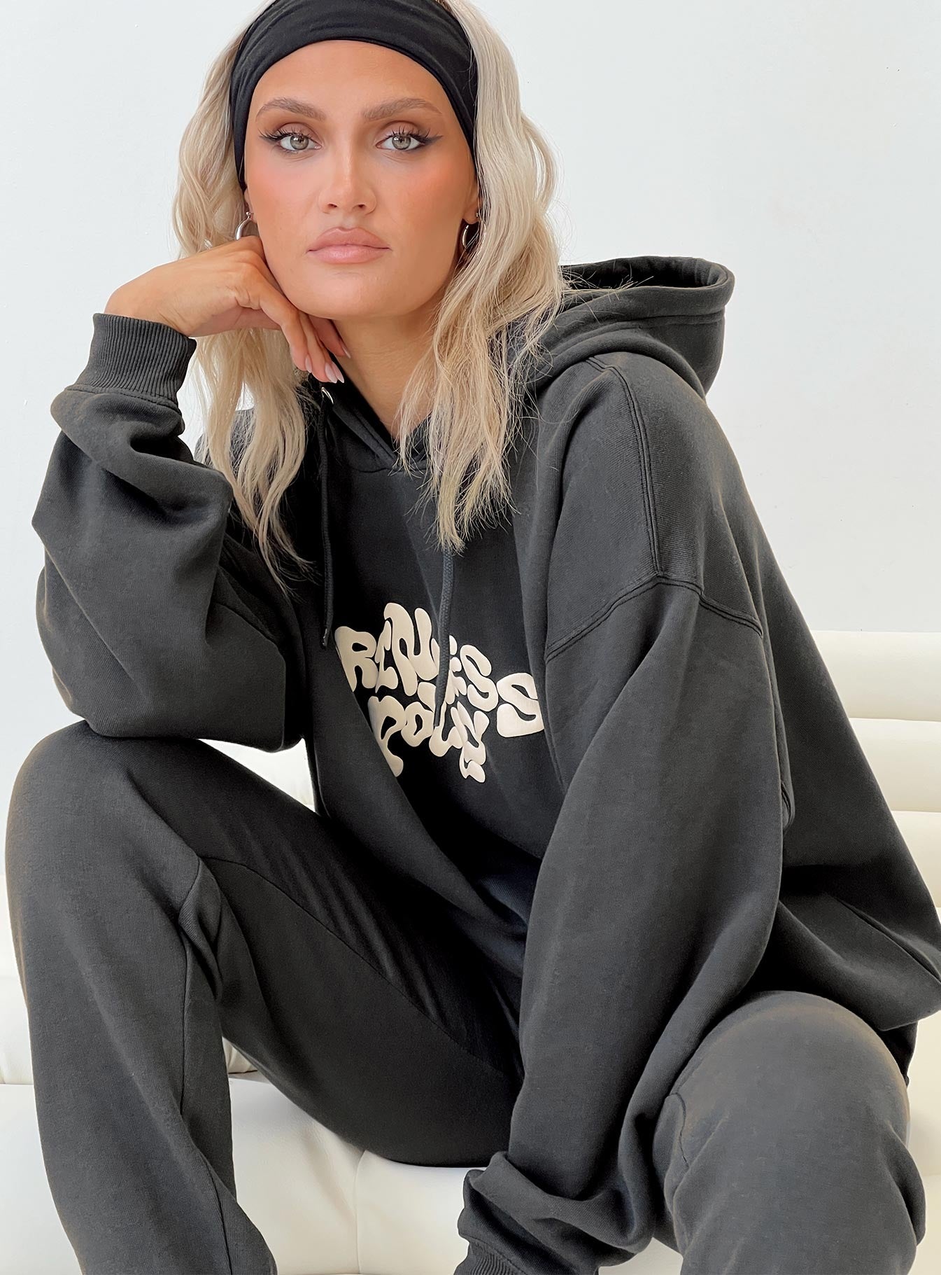 Princess Polly Hooded Sweatshirt Squiggle Text Black Sand / Eggshell