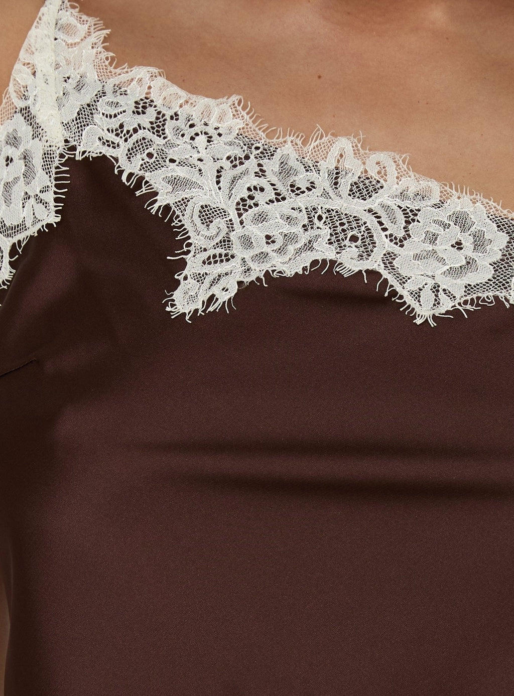 Winta Lace Trim Asymmetrical Satin Top Chocolate