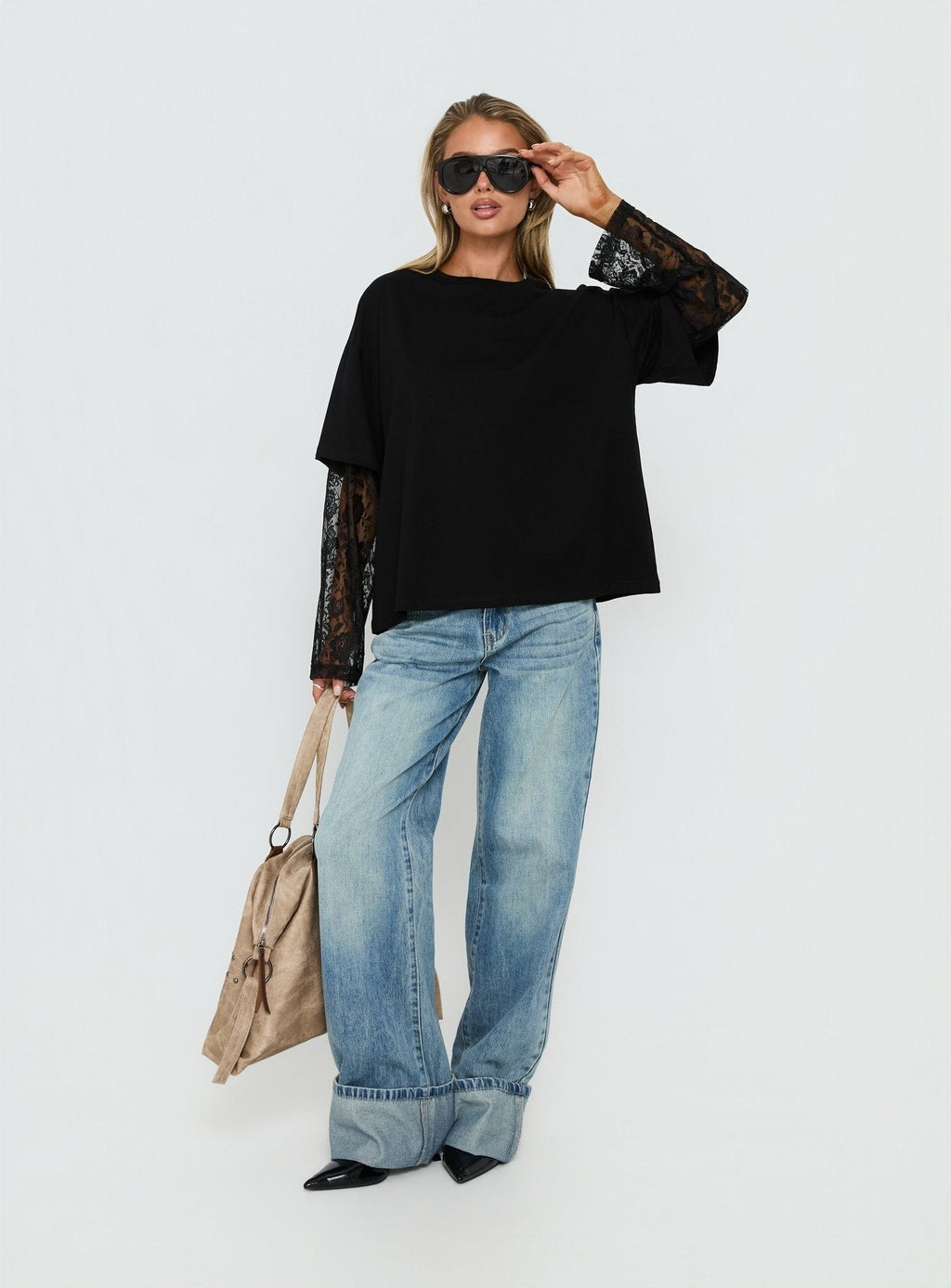 Valenciah Lace Layered Long Sleeve T-Shirt Black