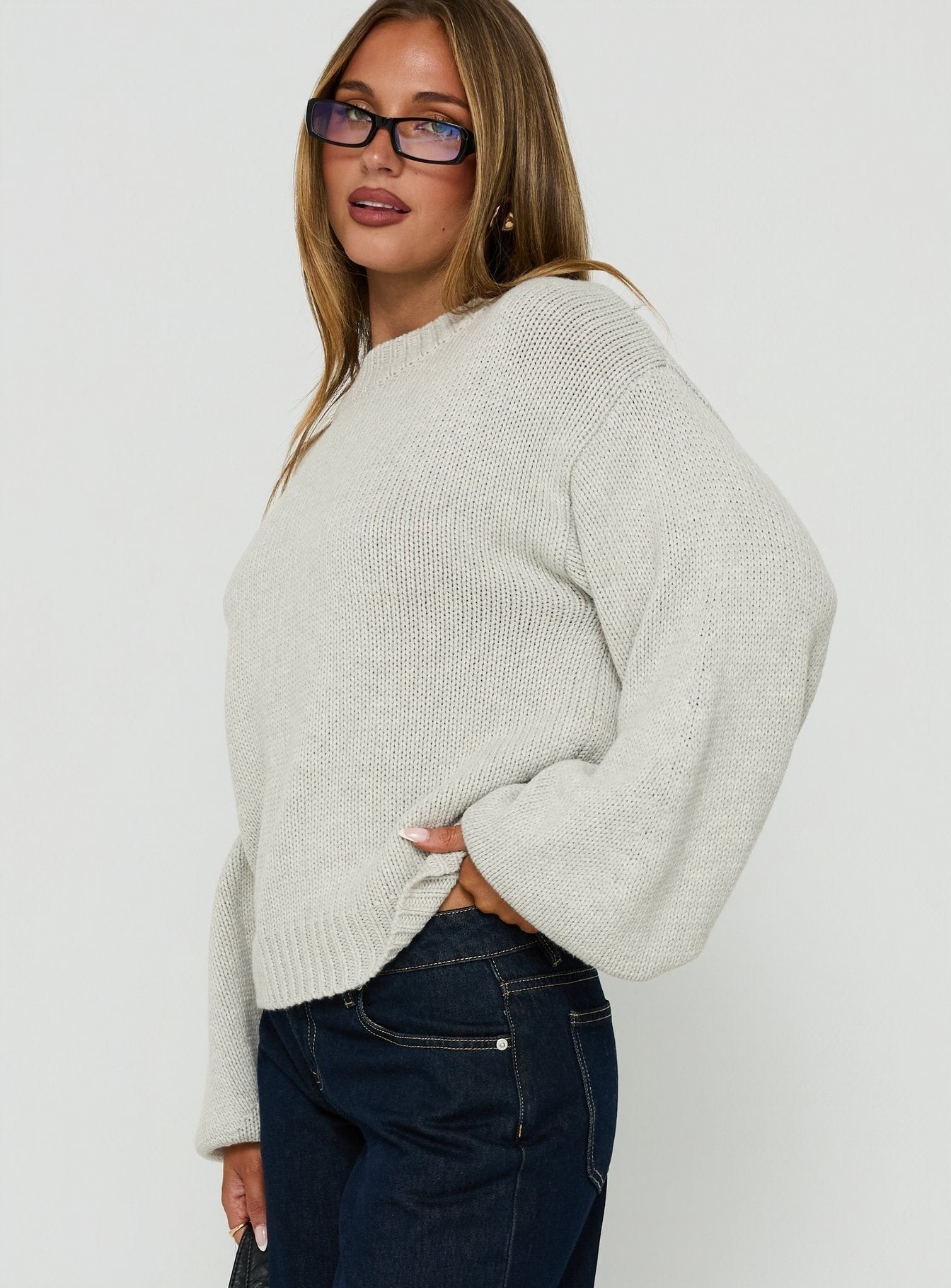 Harmony Balloon Sleeve Knit Sweater Grey Marle
