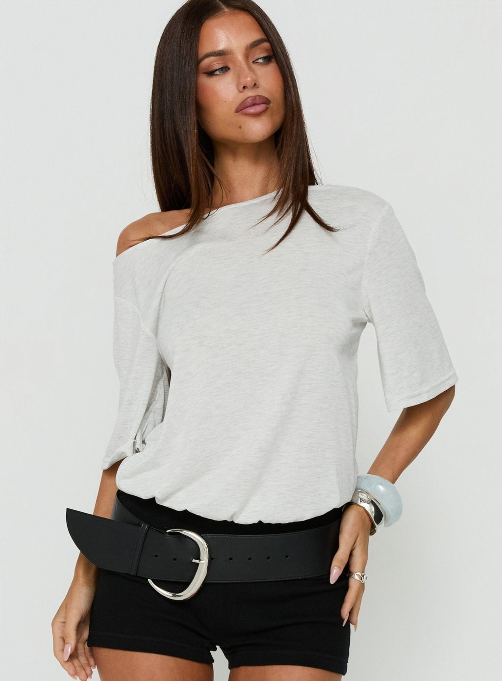Romma Backless Slouchy Short Sleeve Top Grey Marle