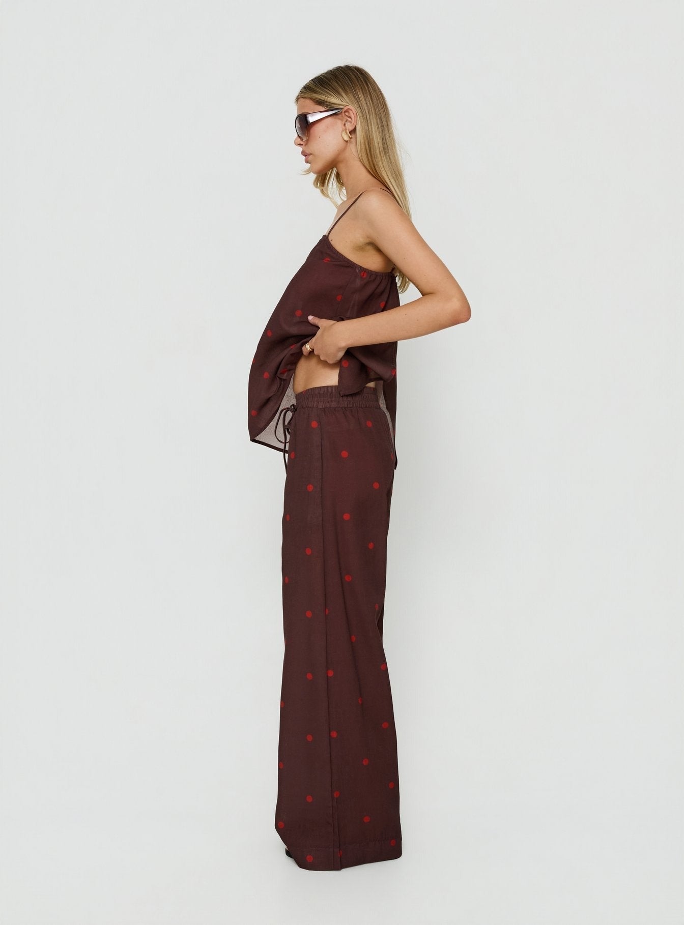 Bellara Tie Waist Pants Chocolate / Red Polka Dot