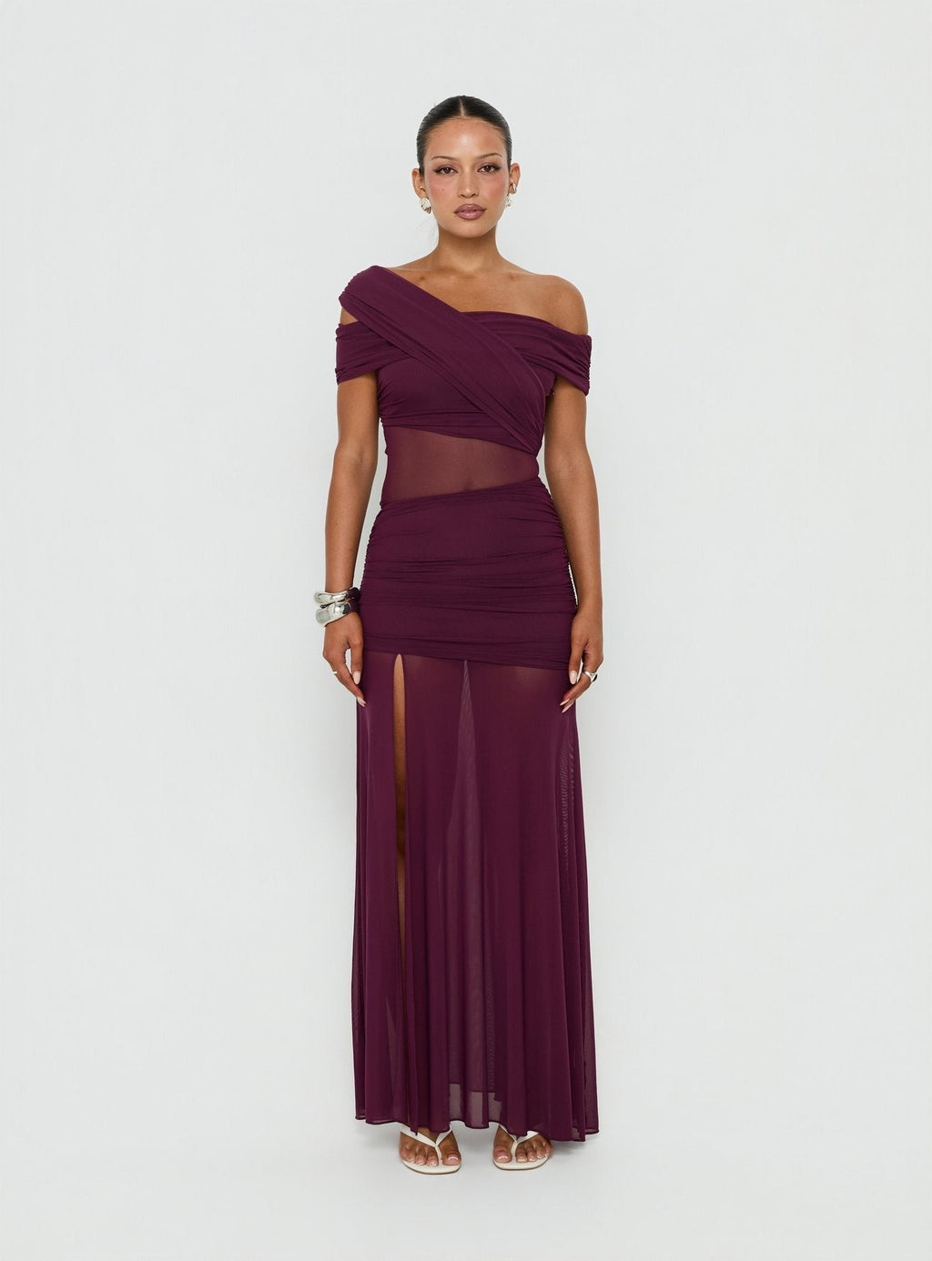 Loran Mesh Draped Maxi Dress Wine
