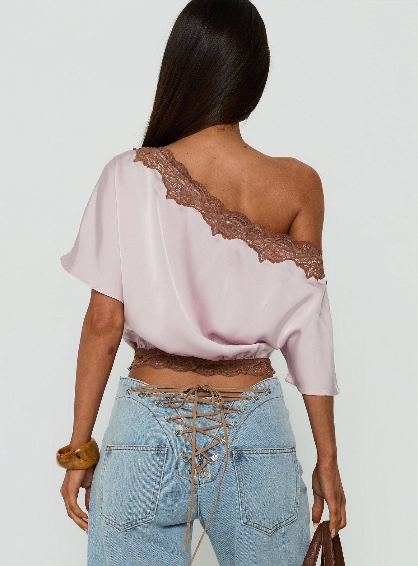 Full Send Off Shoulder Lace Trim Top Pink / Brown