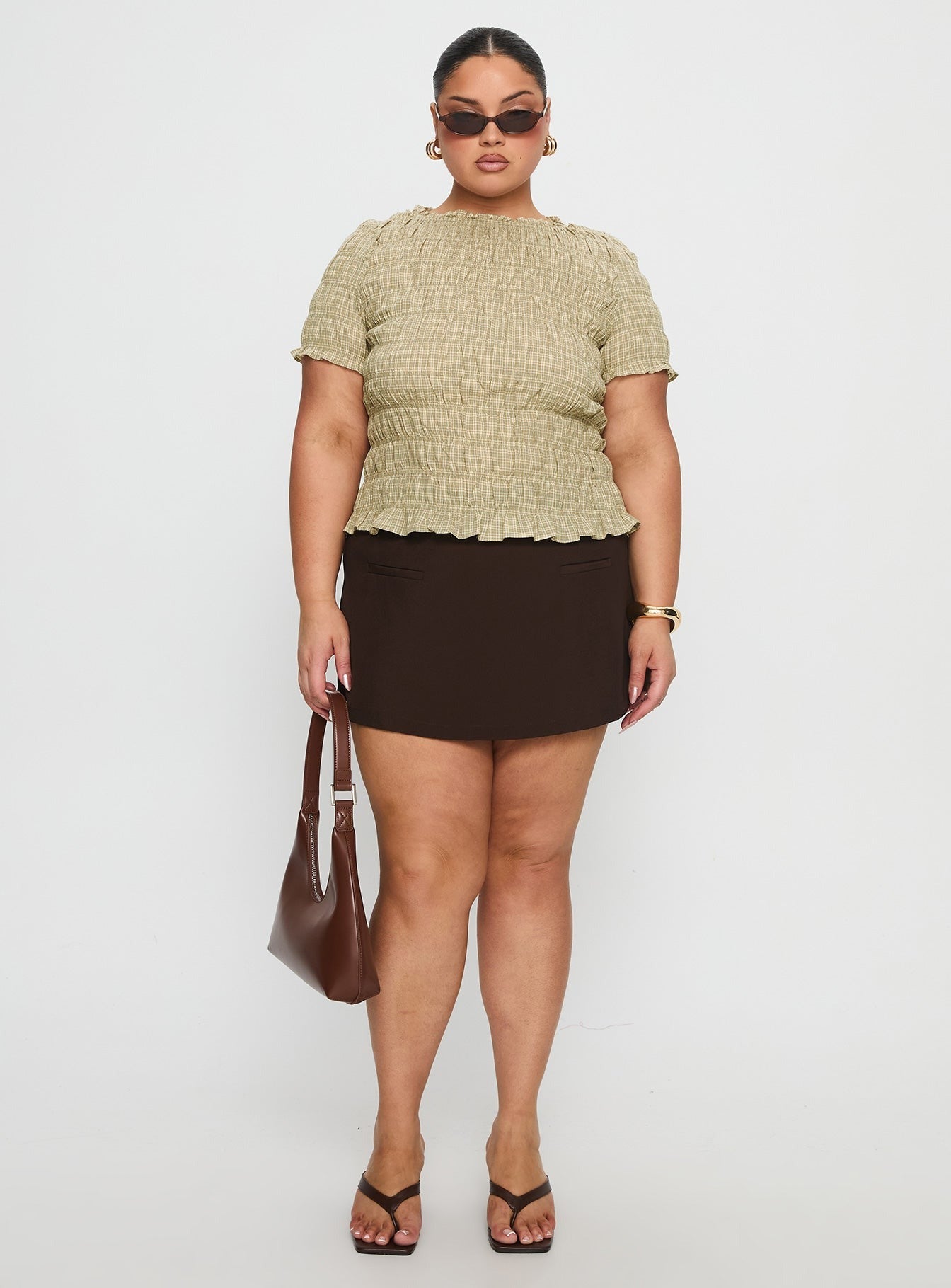 Romelle Shirred Top Green / Brown Plaid Curve