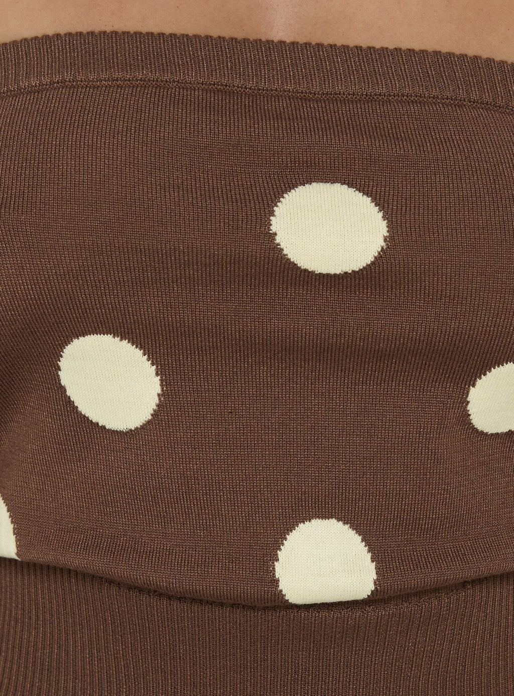 Tahlie Cinched Strapless Knit Top Brown Polka Dot