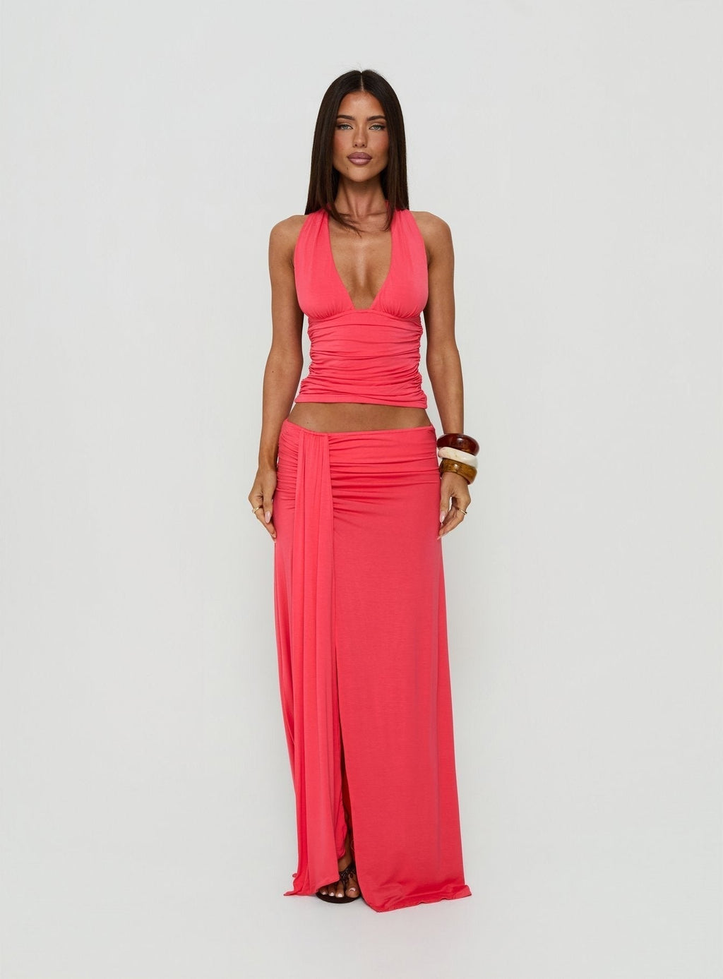 Keerah Ruched Maxi Skirt Guava
