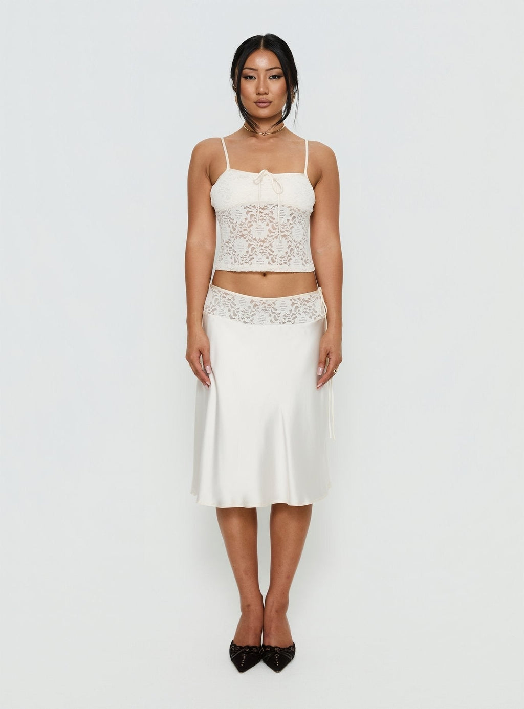 Evlin Lace Detail Satin Midi Skirt Cream