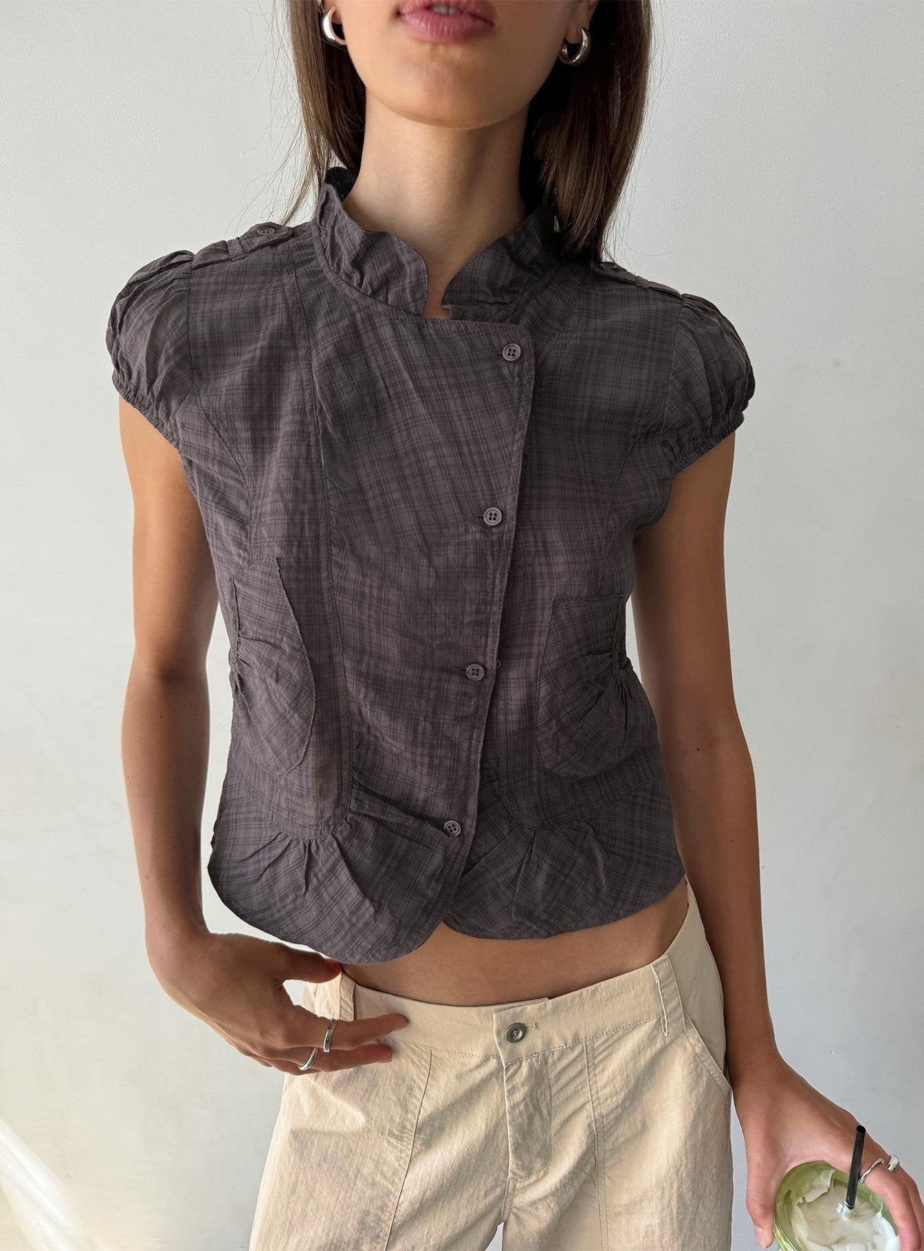 Aryalda Cap Sleeve Blouse Top Multi Check
