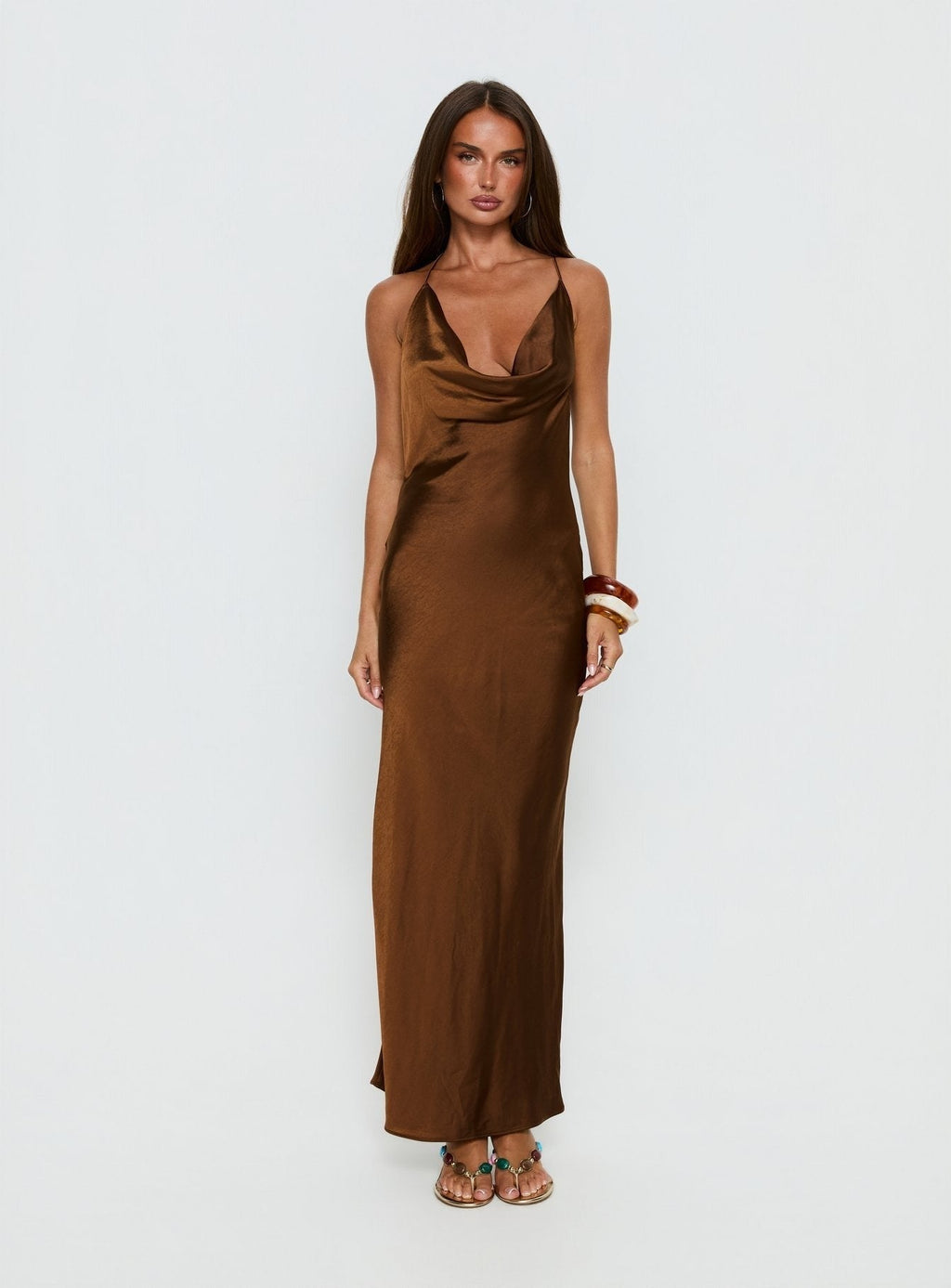 Anjelina Halter Plunge Maxi Dress Chocolate Brown