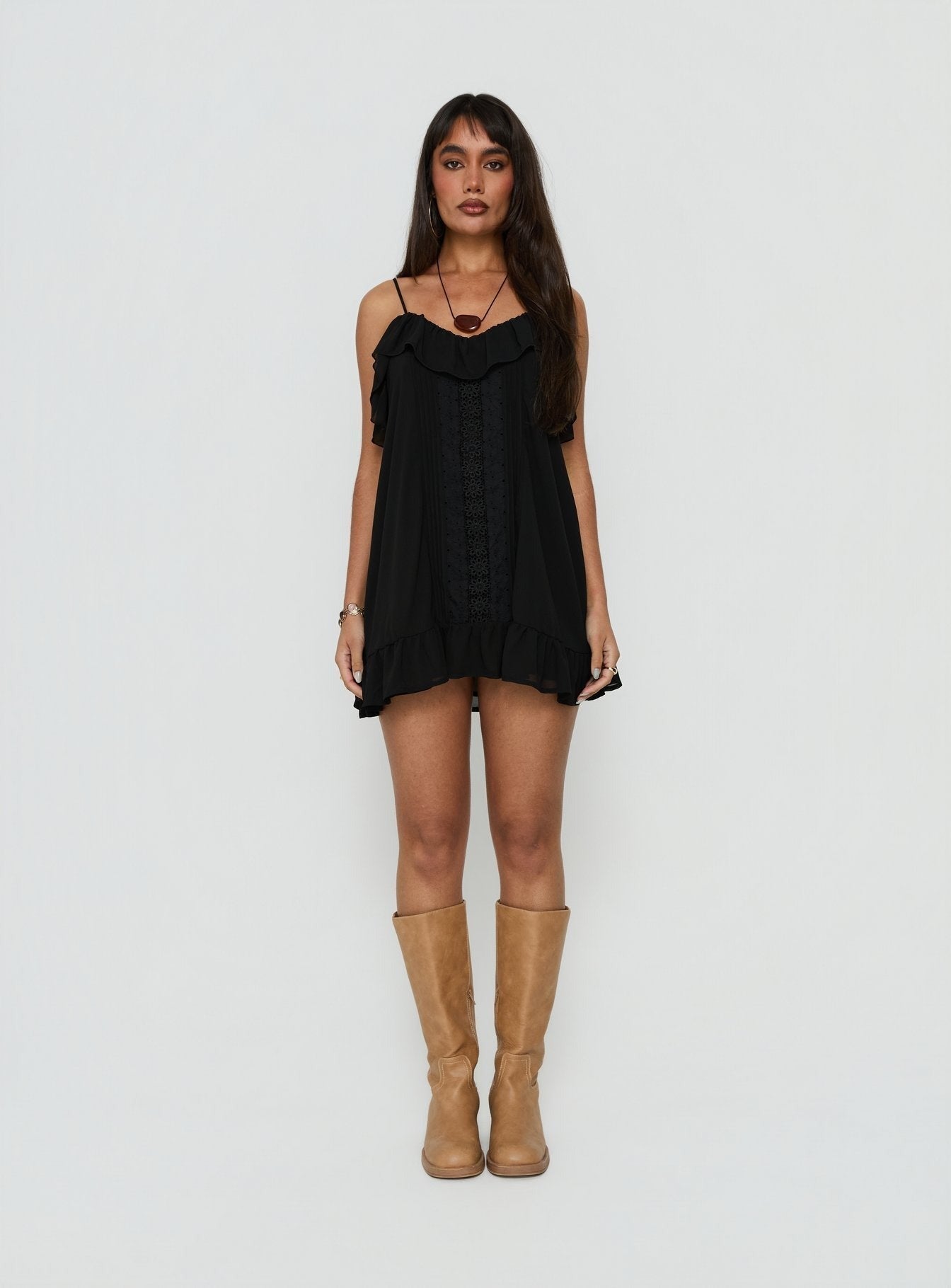 Somnielle Frill Lace Detail Mini Dress Black