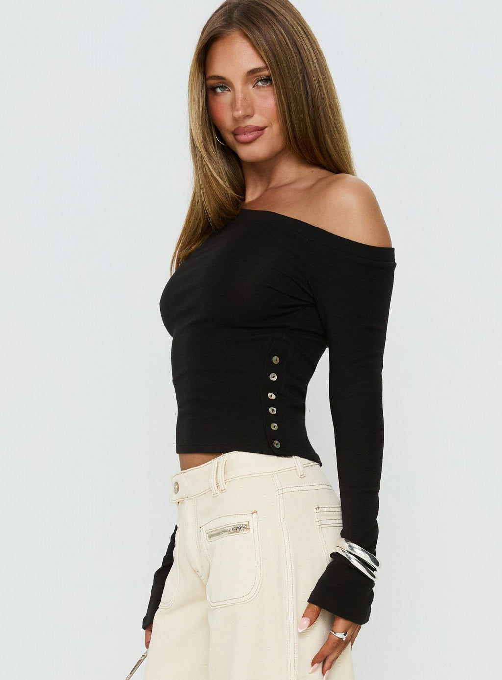 Think of Me Long Sleeve One Shoulder Top Black