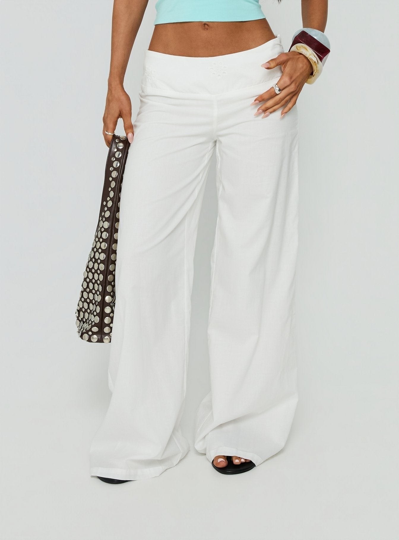 Slow Days Broderie Anglais Mid Rise Pants White