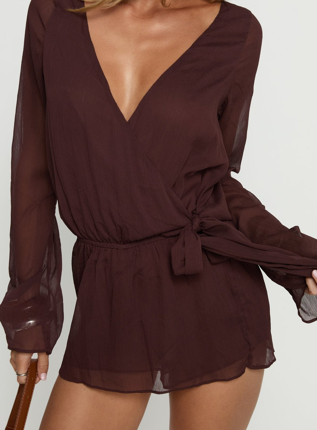 Lorianna Long Sleeve Wrap Romper Brown