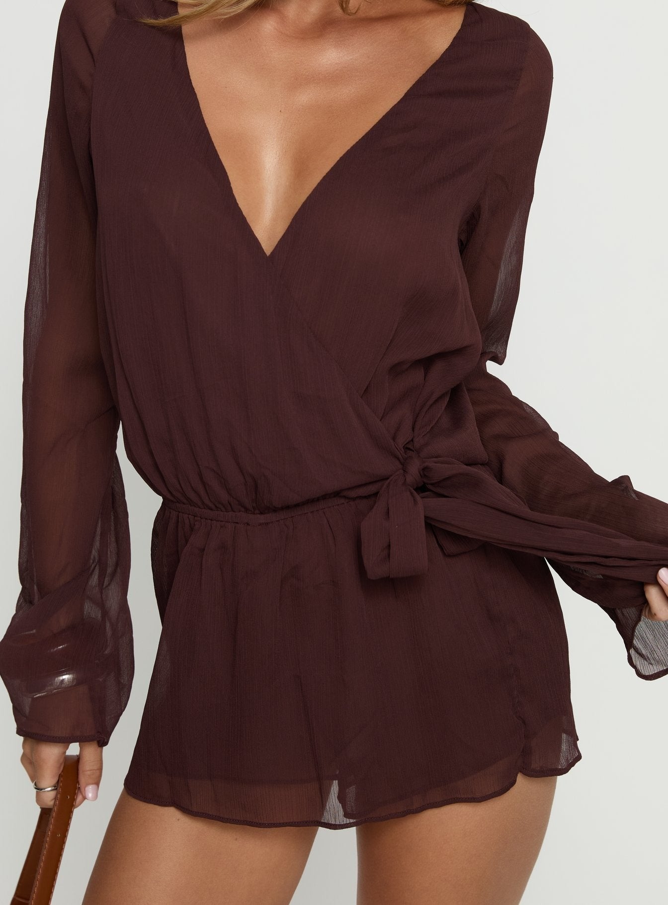 Lorianna Long Sleeve Wrap Romper Brown