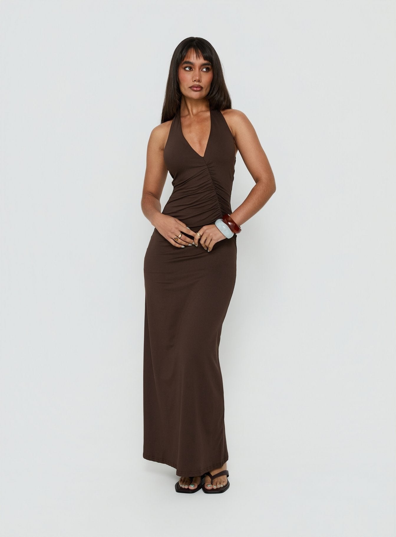 Cadira Ruched Halter Maxi Dress Chocolate