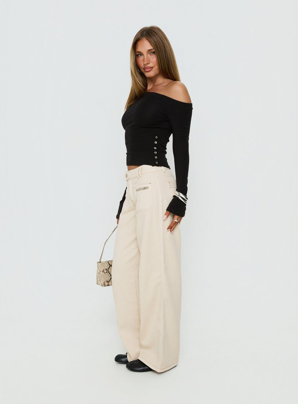 Lifetimes Mid Rise Wide Leg Cargo Jeans Cream
