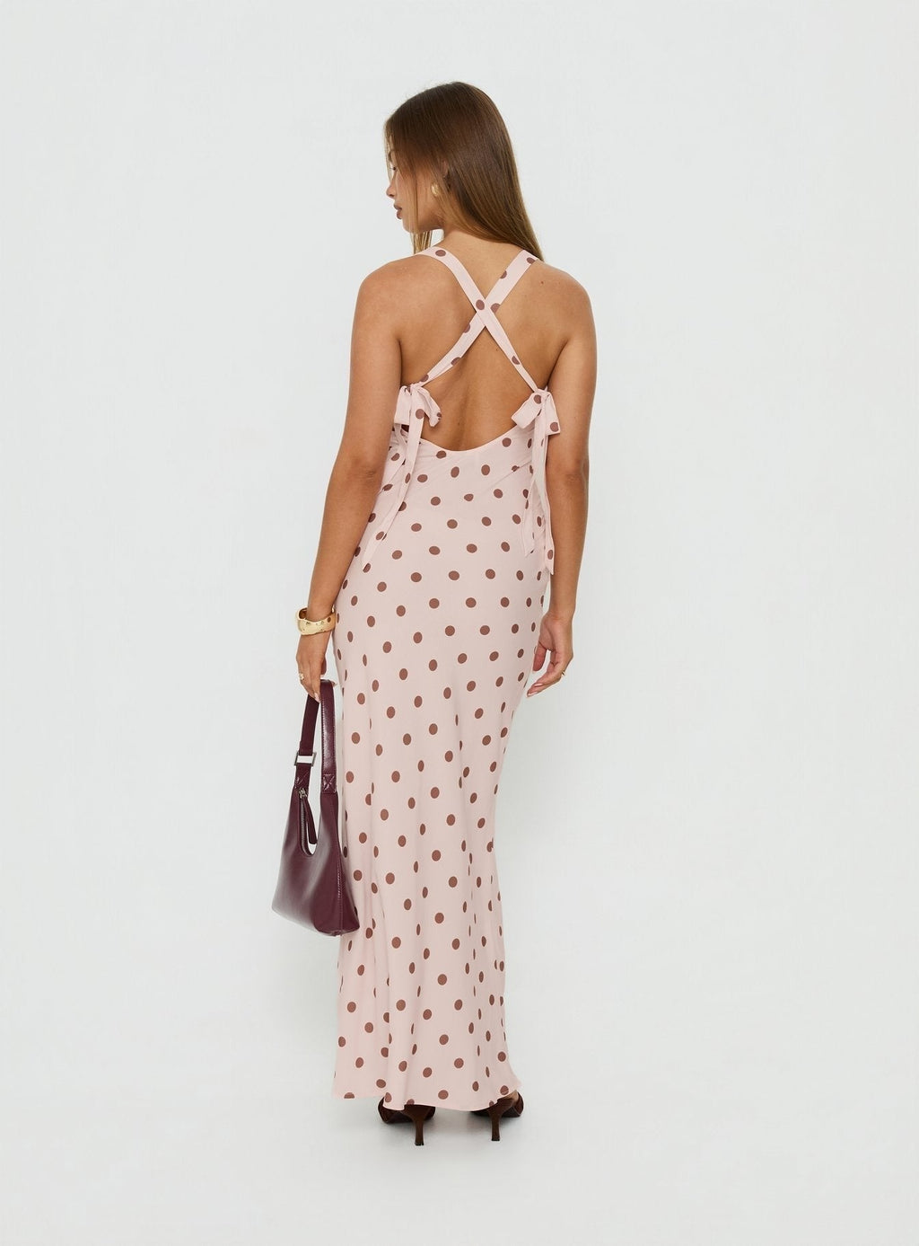 Picante Bias Cross Back Maxi Dress Pink Polka