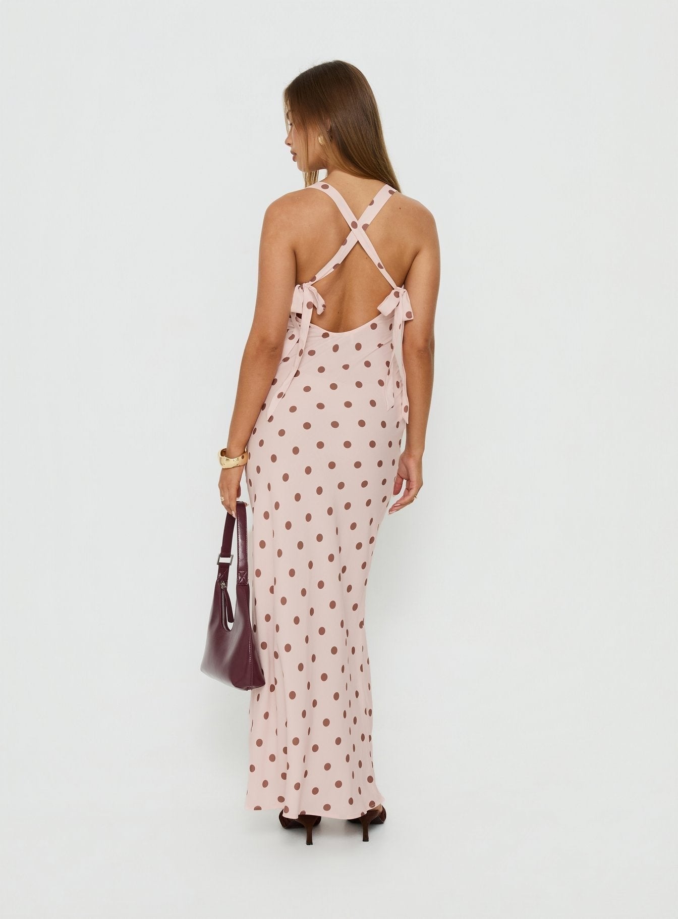 Picante Bias Cross Back Maxi Dress Pink Polka