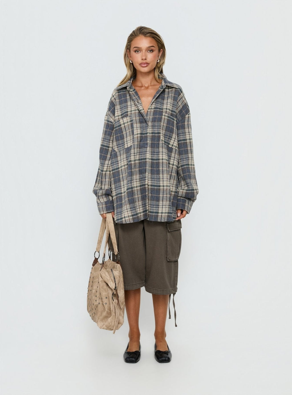 Clarity Oversized Long Sleeve Shirt Ash Plaid