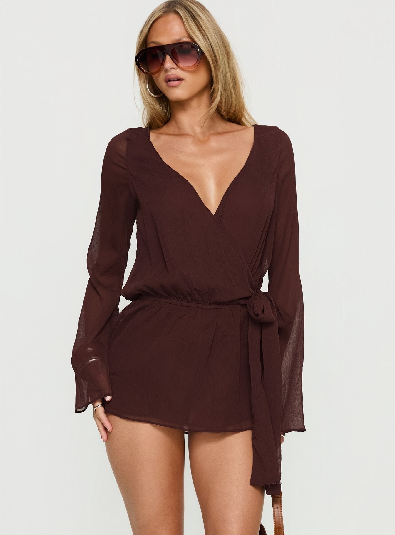 Lorianna Long Sleeve Wrap Romper Brown