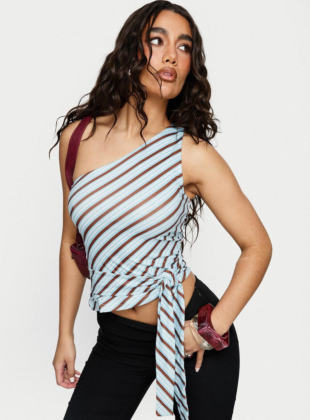 Ranae One Shoulder Tie Detail Top Blue Stripe