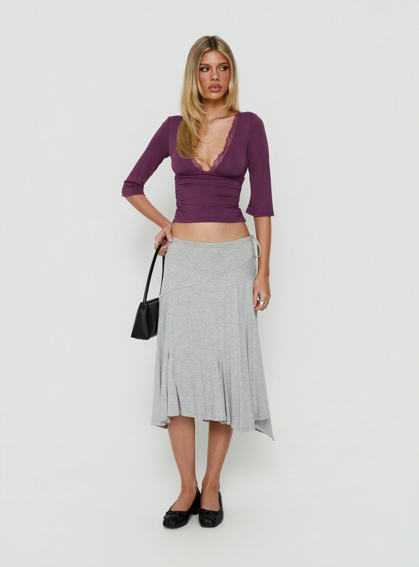 Azmira 3/4 Sleeve Lace Trim Top Plum